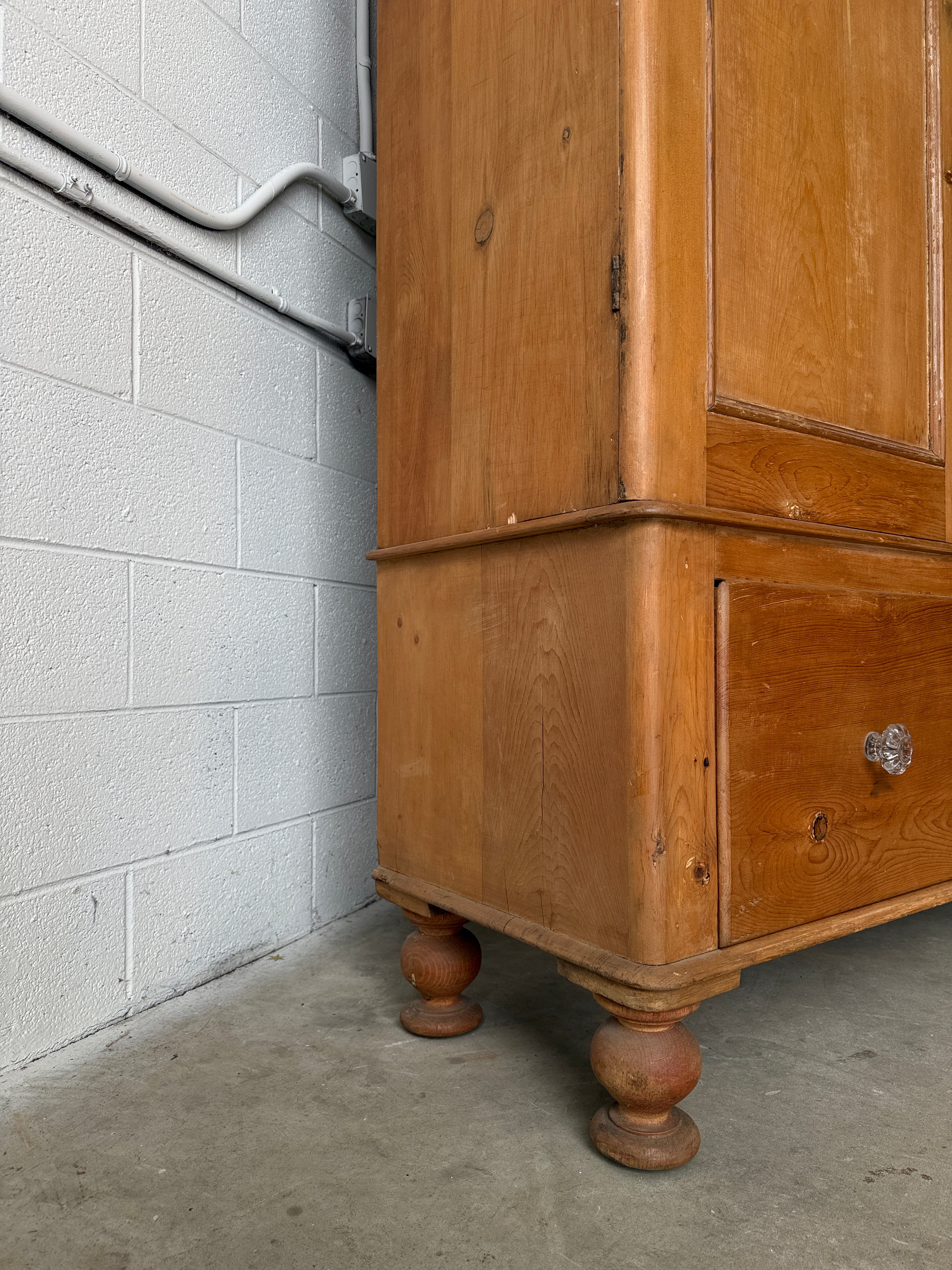Substantial antique pine double wardrobe with painted interior