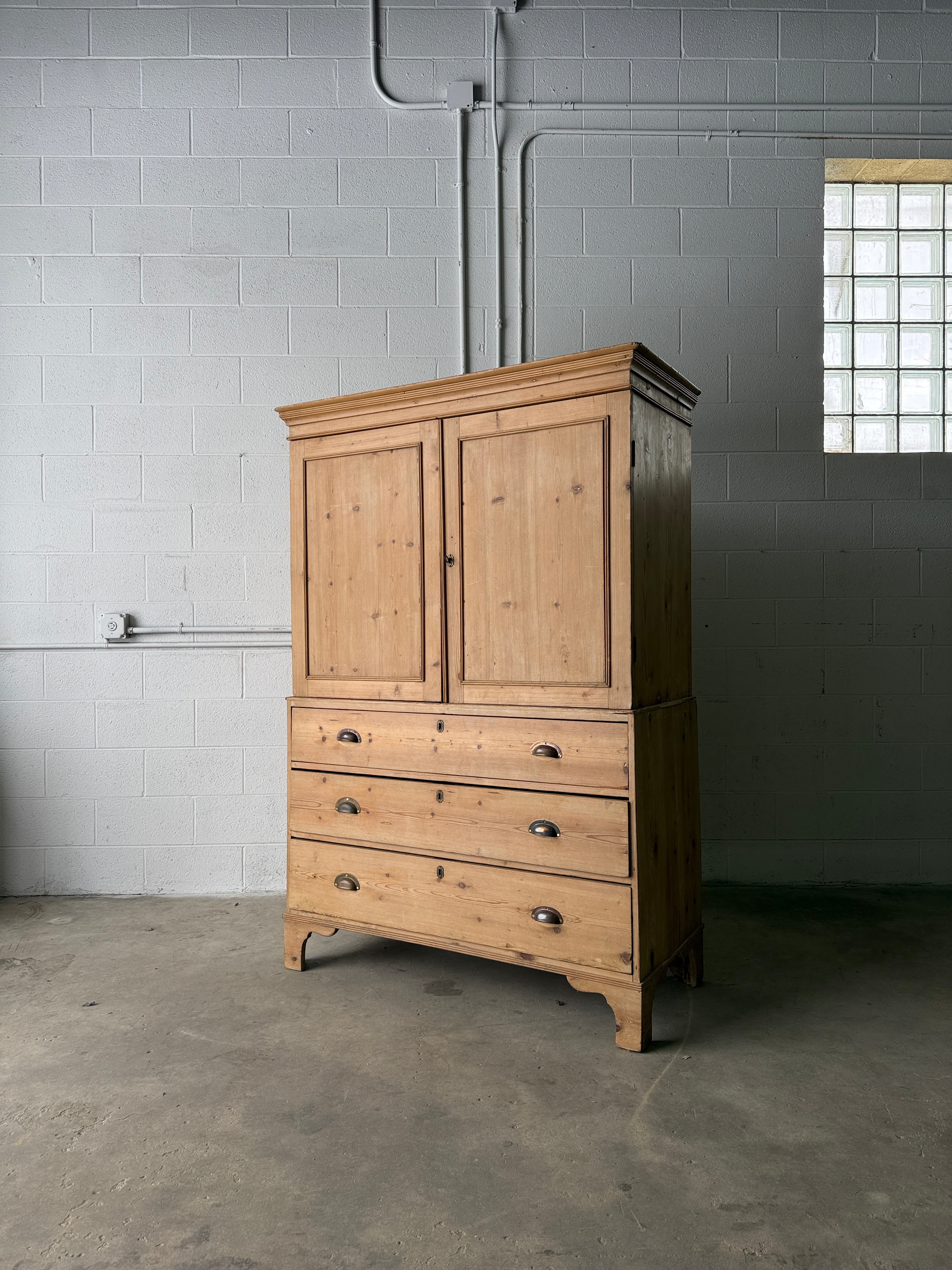 Antique pine linen press with working key