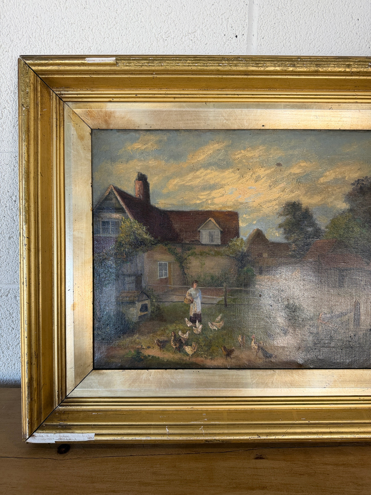 Antique oil on canvas - feeding the animals