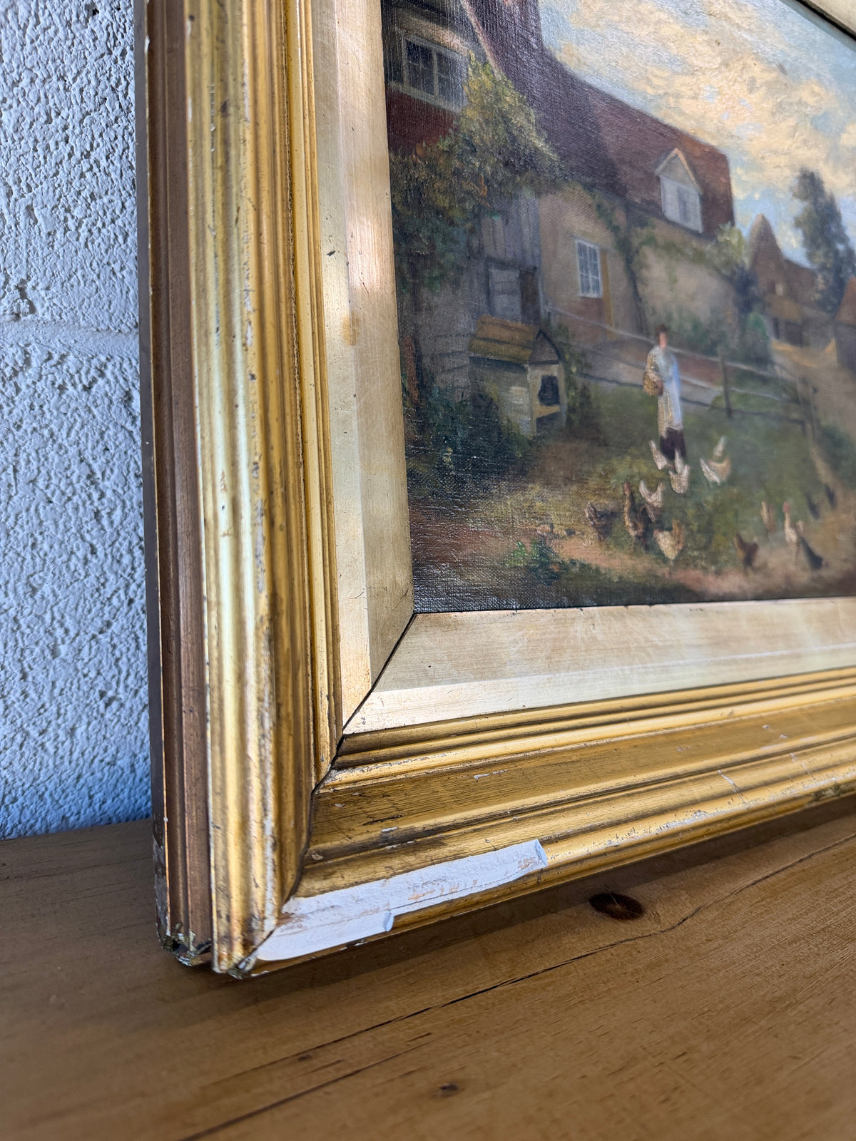 Antique oil on canvas - feeding the animals