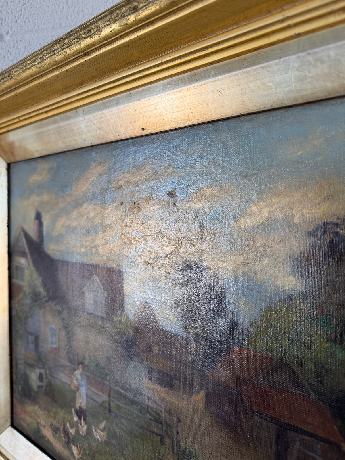 Antique oil on canvas - feeding the animals