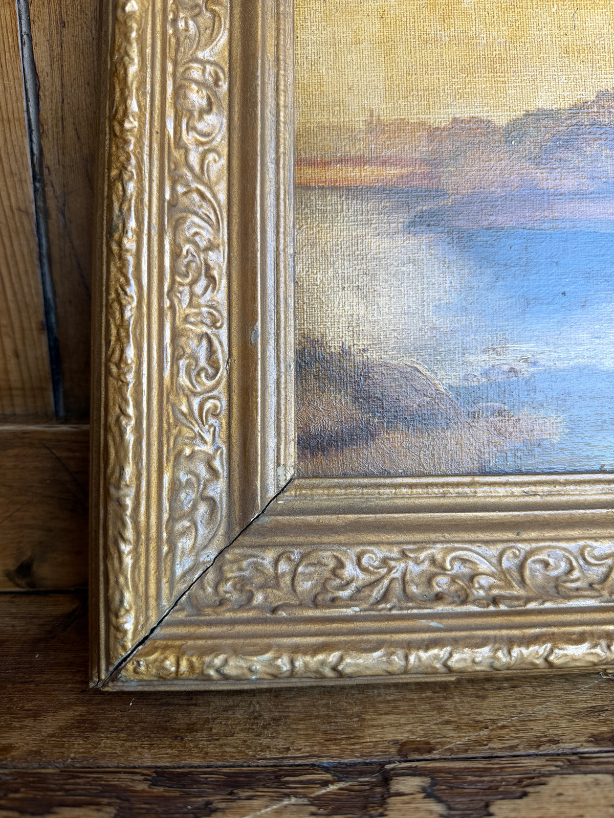Antique landscape in wooden frame