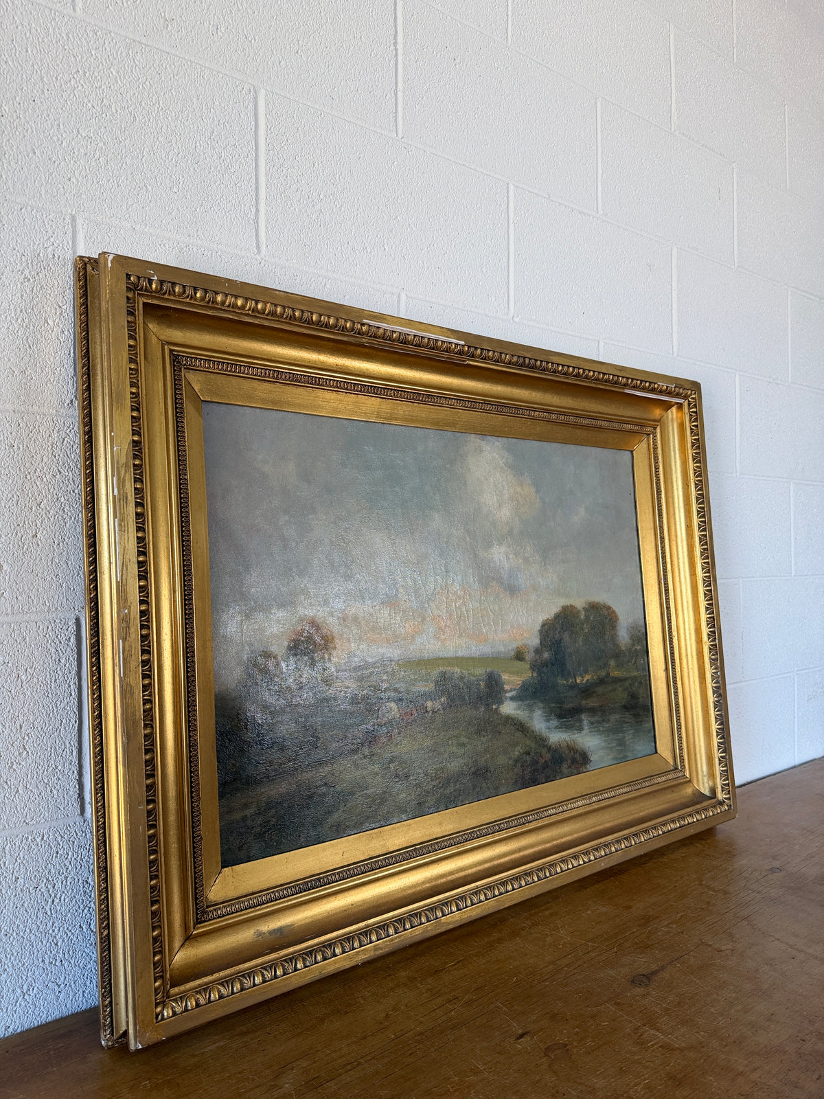 Antique oil on canvas - horse and cart in the countryside