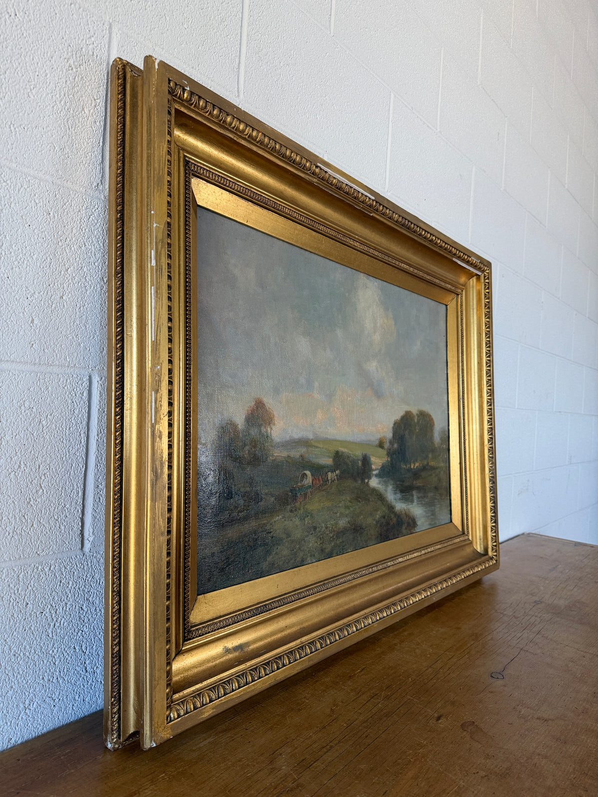 Antique oil on canvas - horse and cart in the countryside