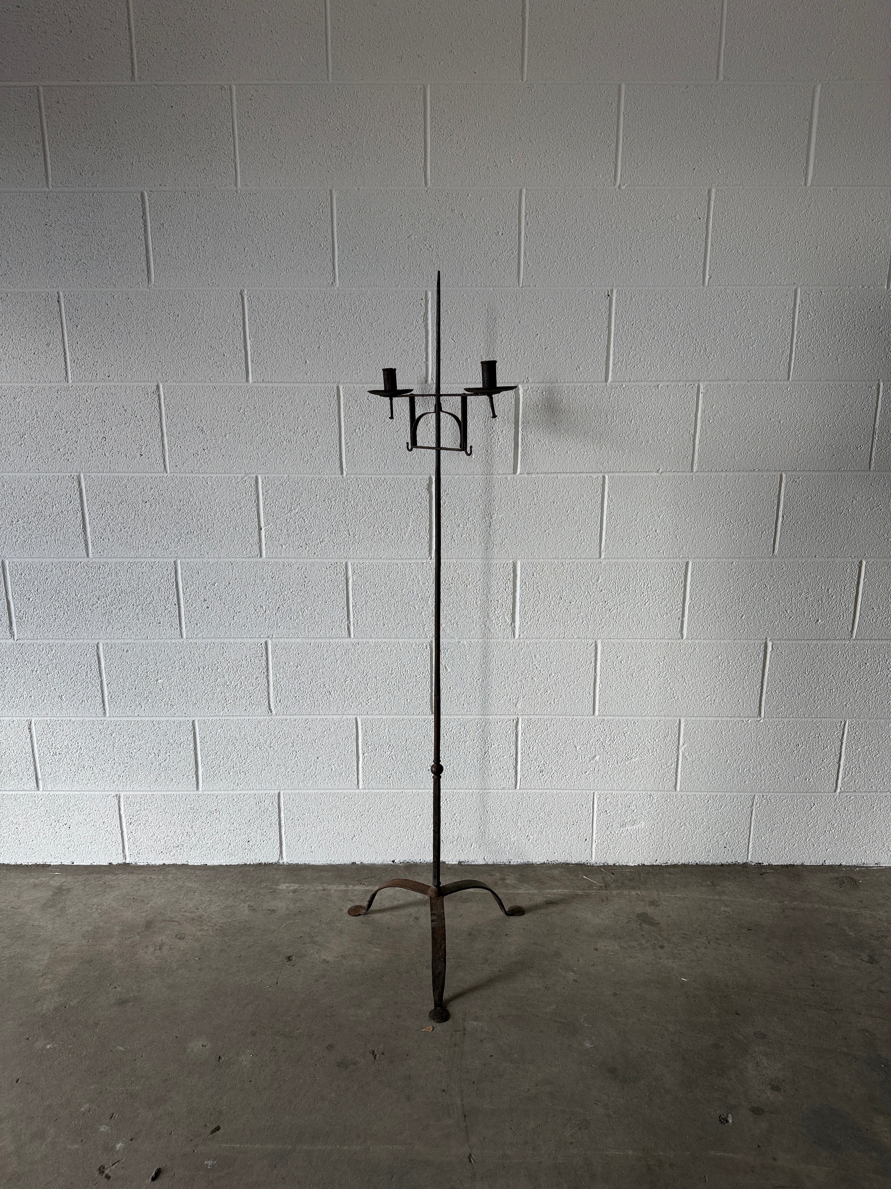 Antique wrought iron adjustable floor candelabra