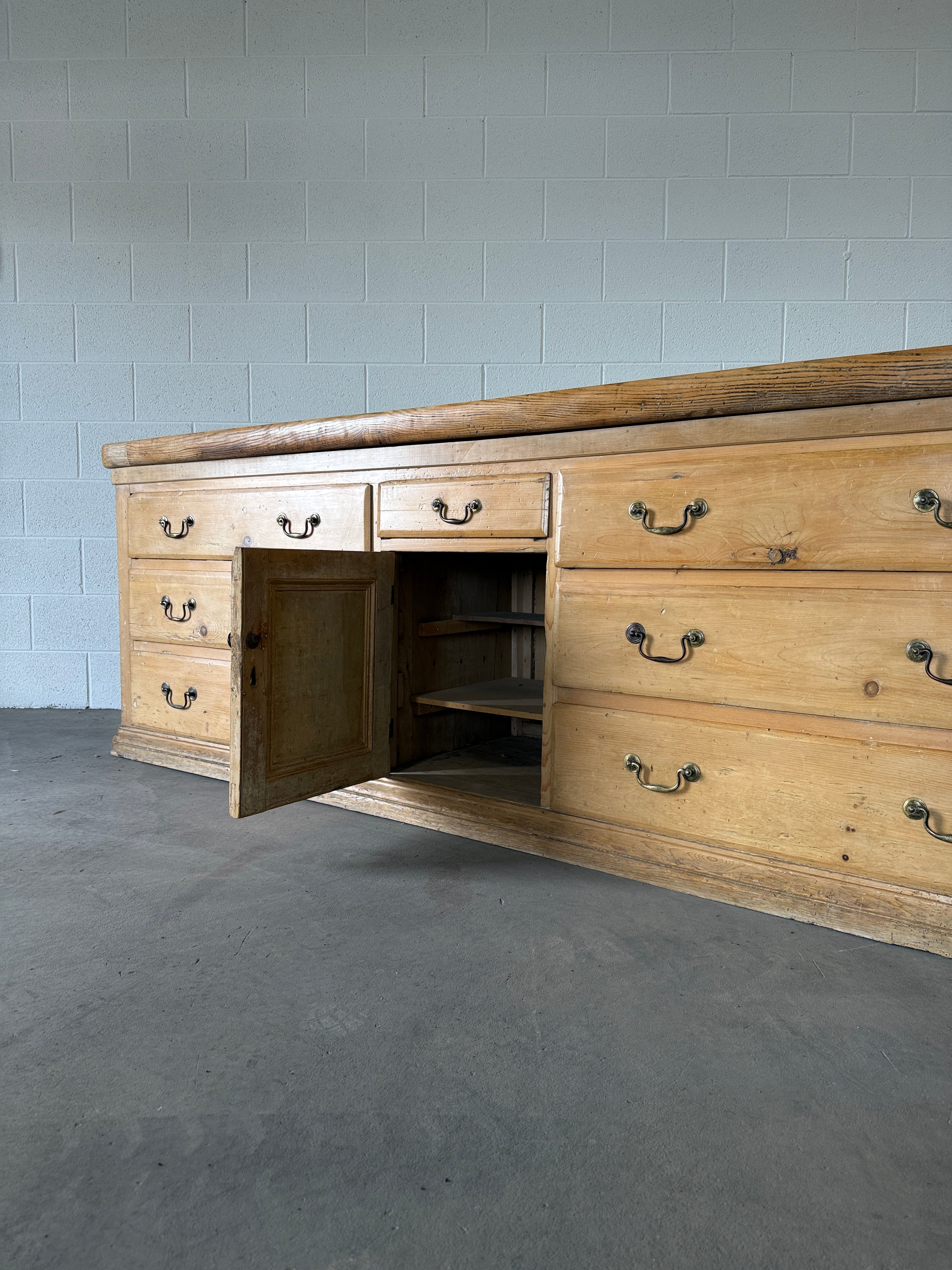Large antique pine sideboard with a sycamore top