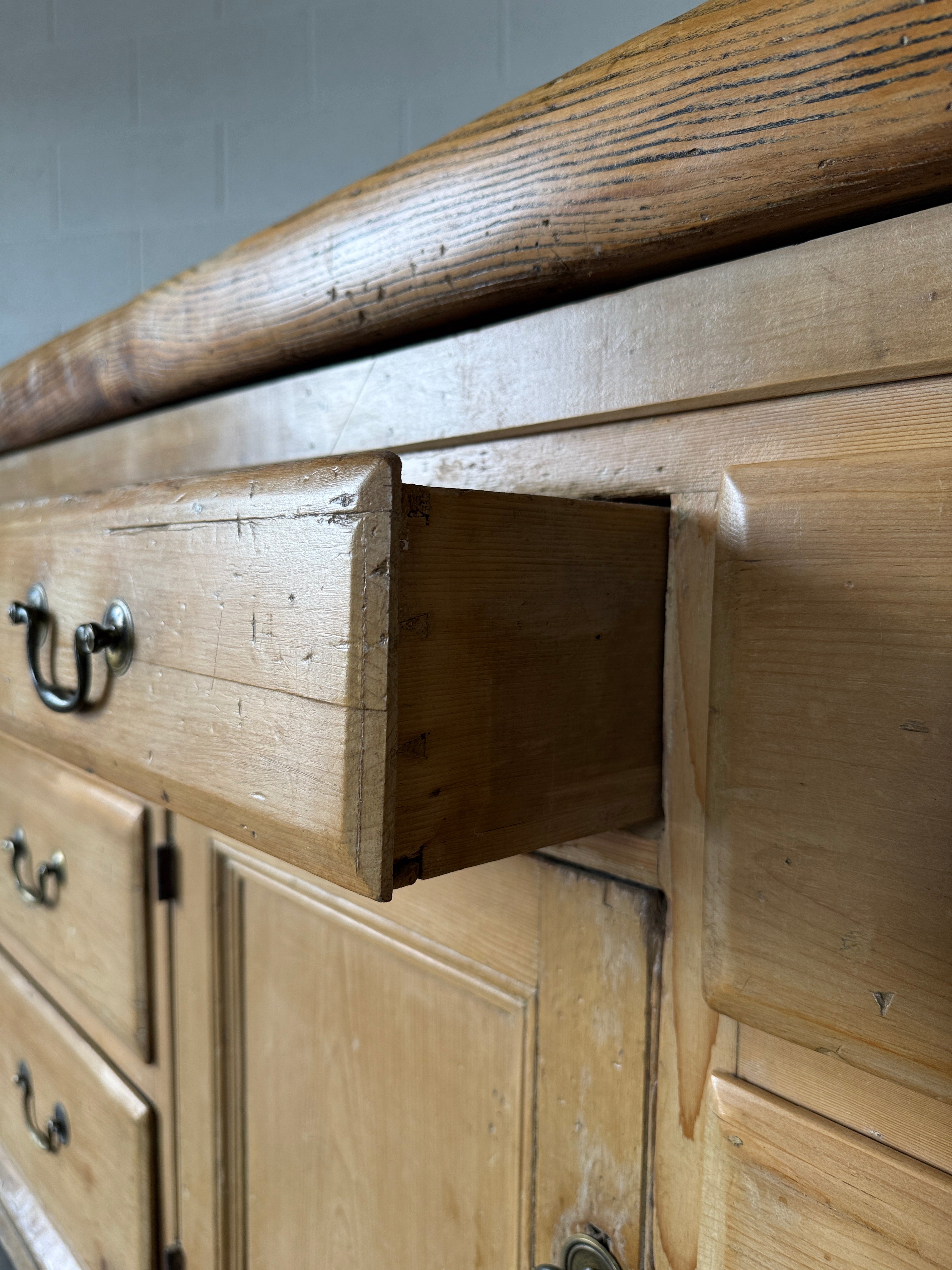 Large antique pine sideboard with a sycamore top