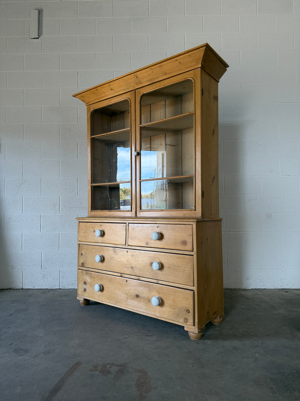 Antique pine glass hutch