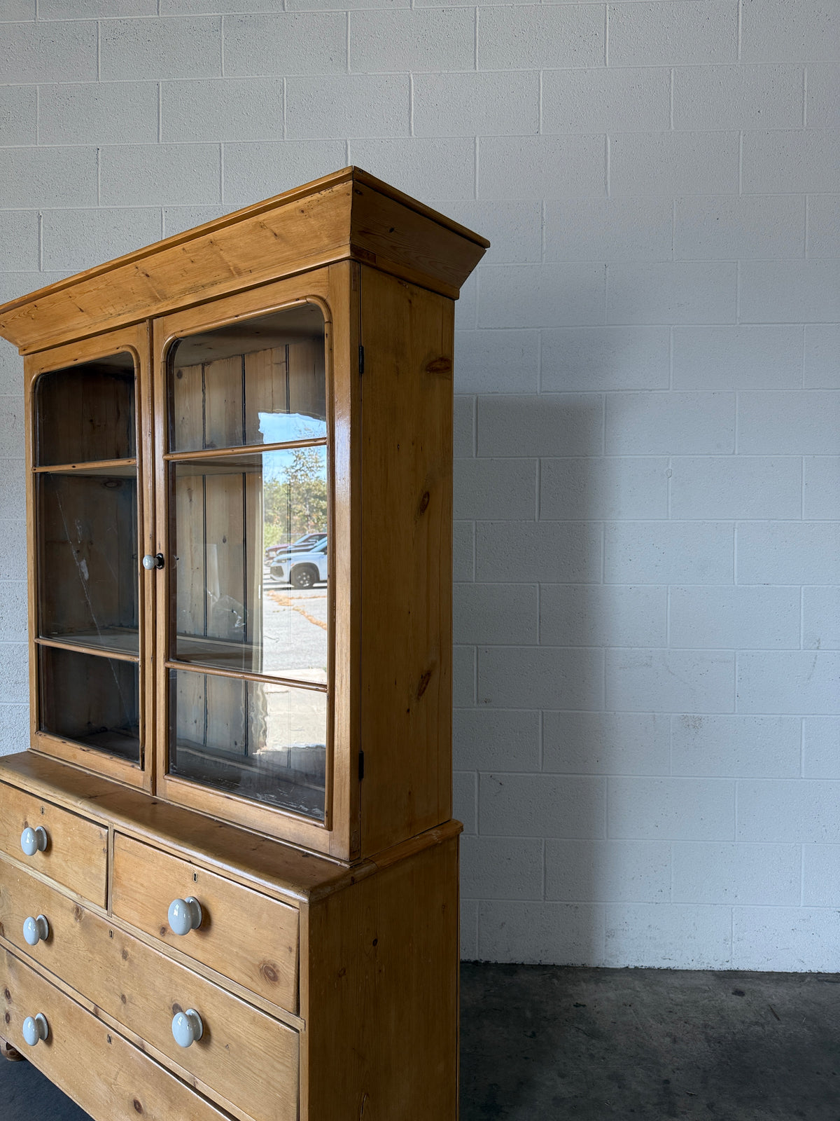 Antique pine glass hutch