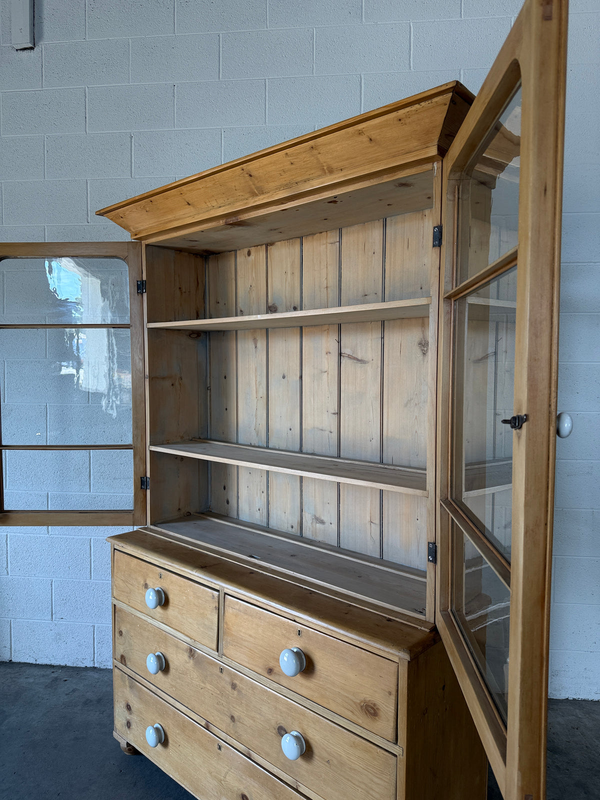 Antique pine glass hutch