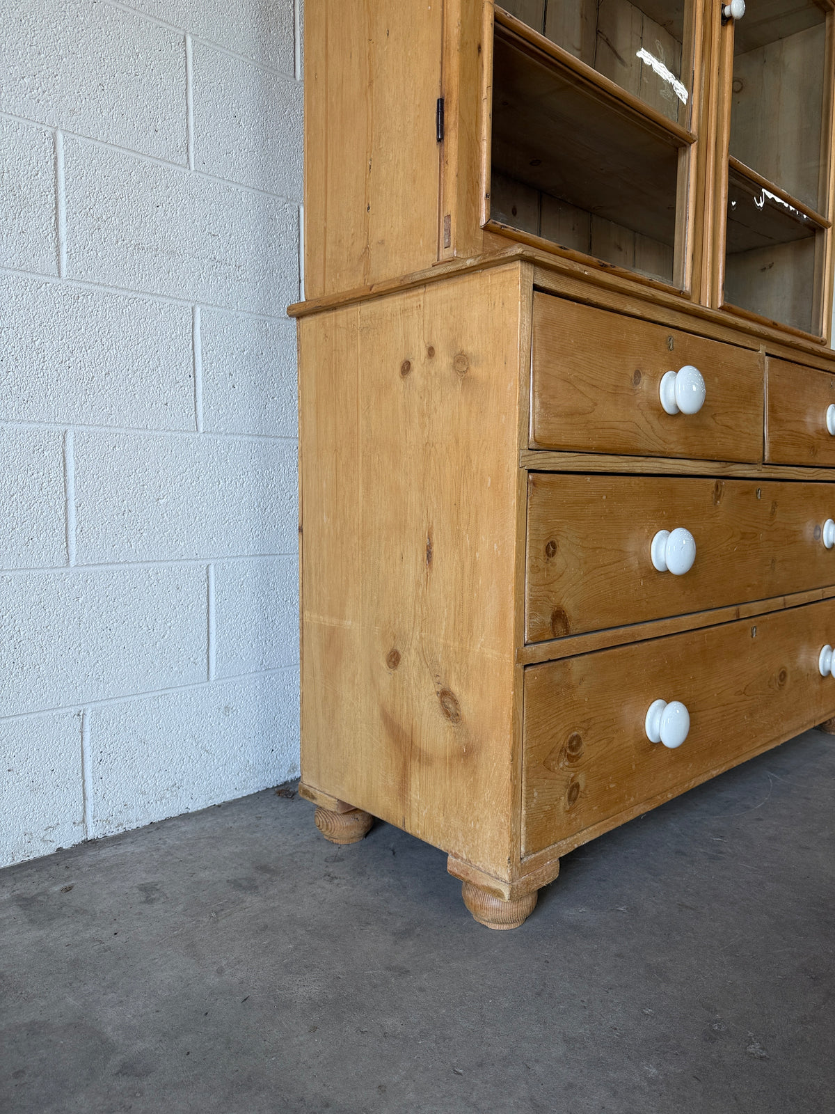 Antique pine glass hutch