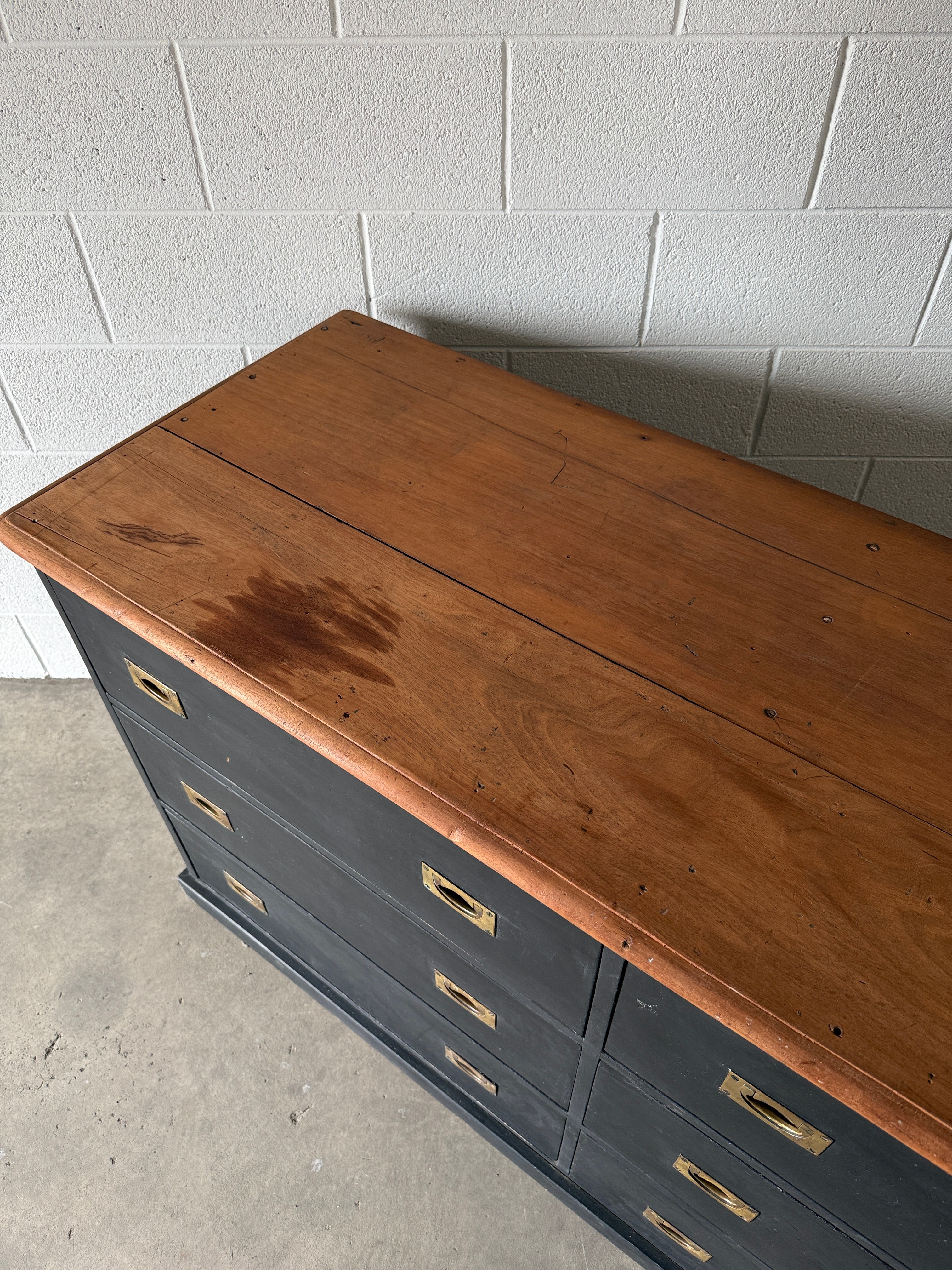 Antique English pine drawers with campaign handles