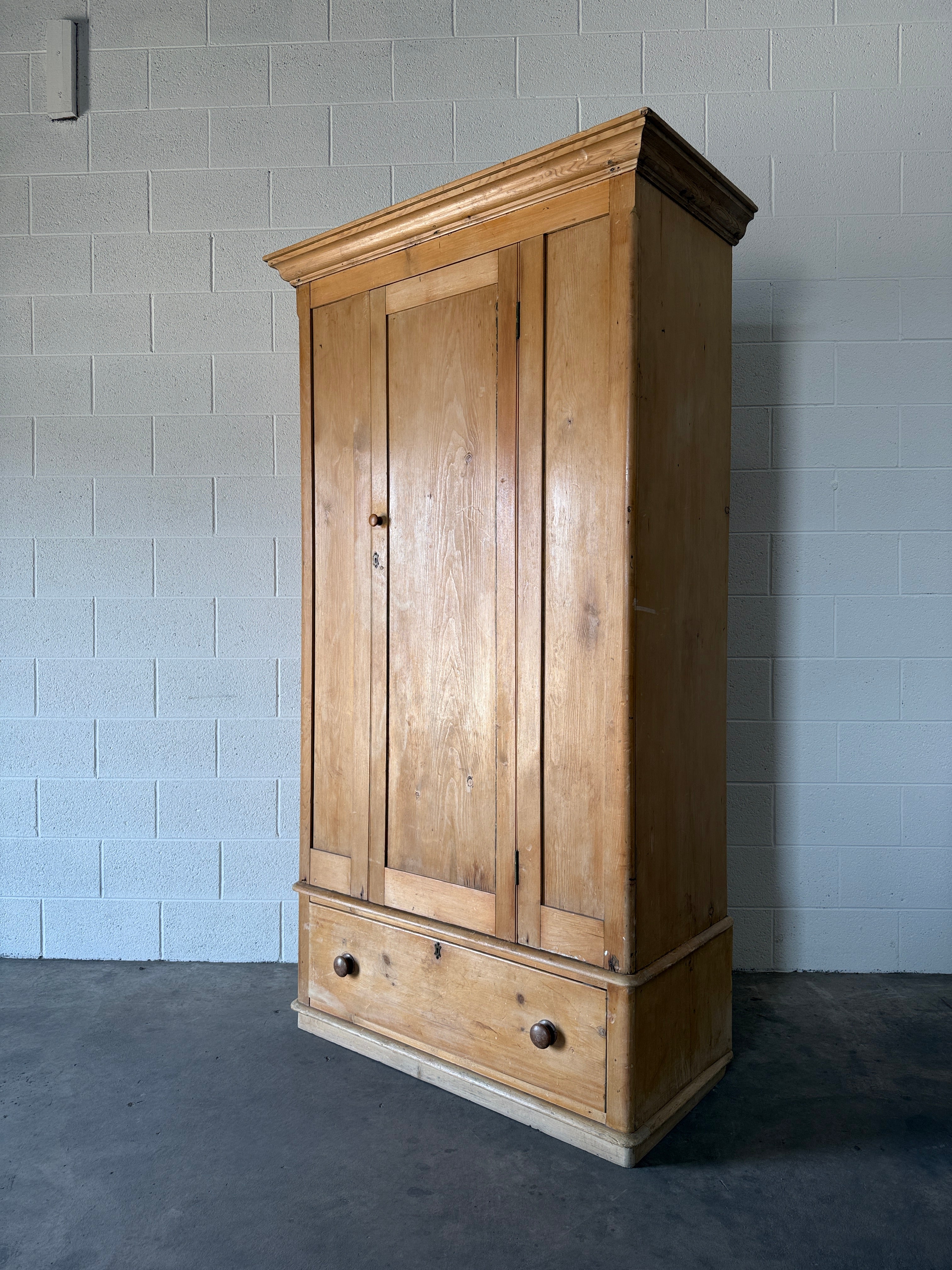 English Antique Pine Wardrobe with Drawer