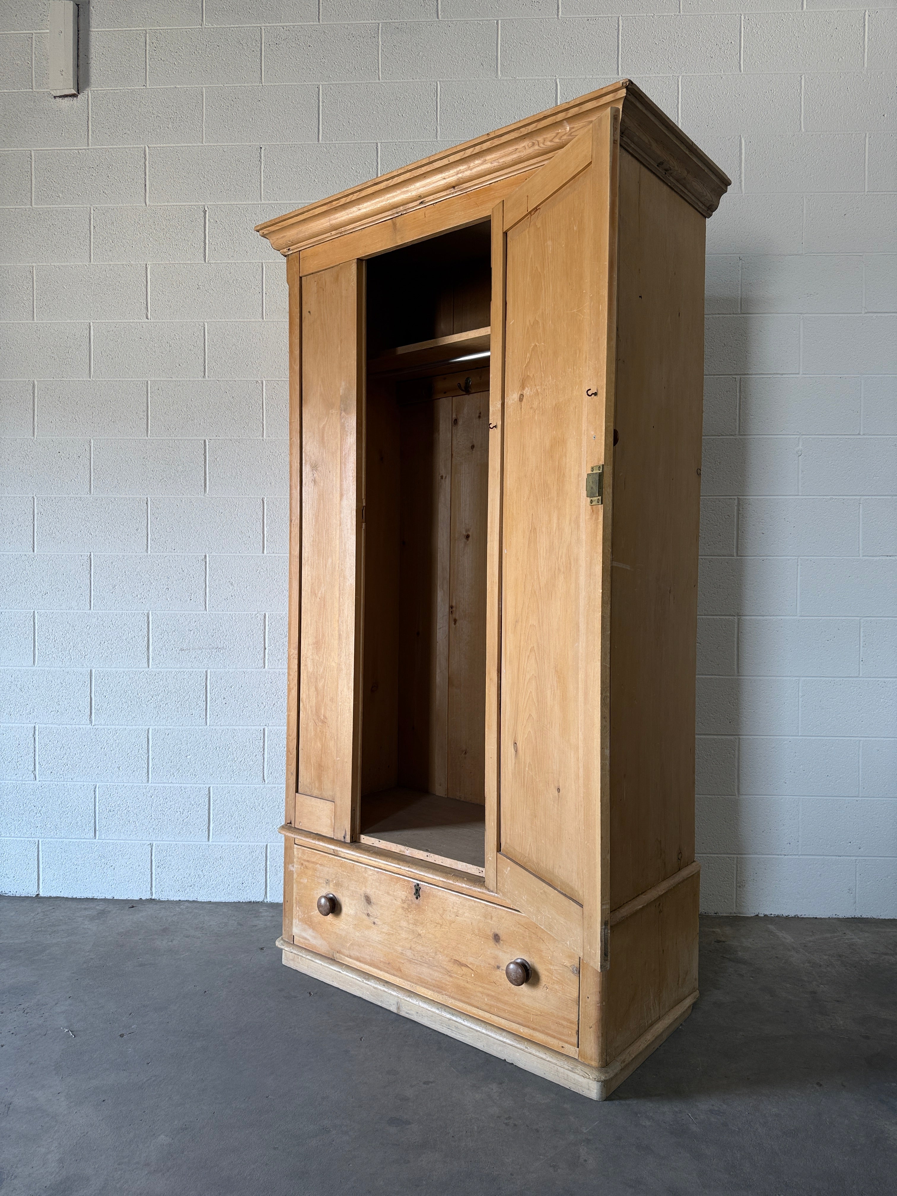English Antique Pine Wardrobe with Drawer