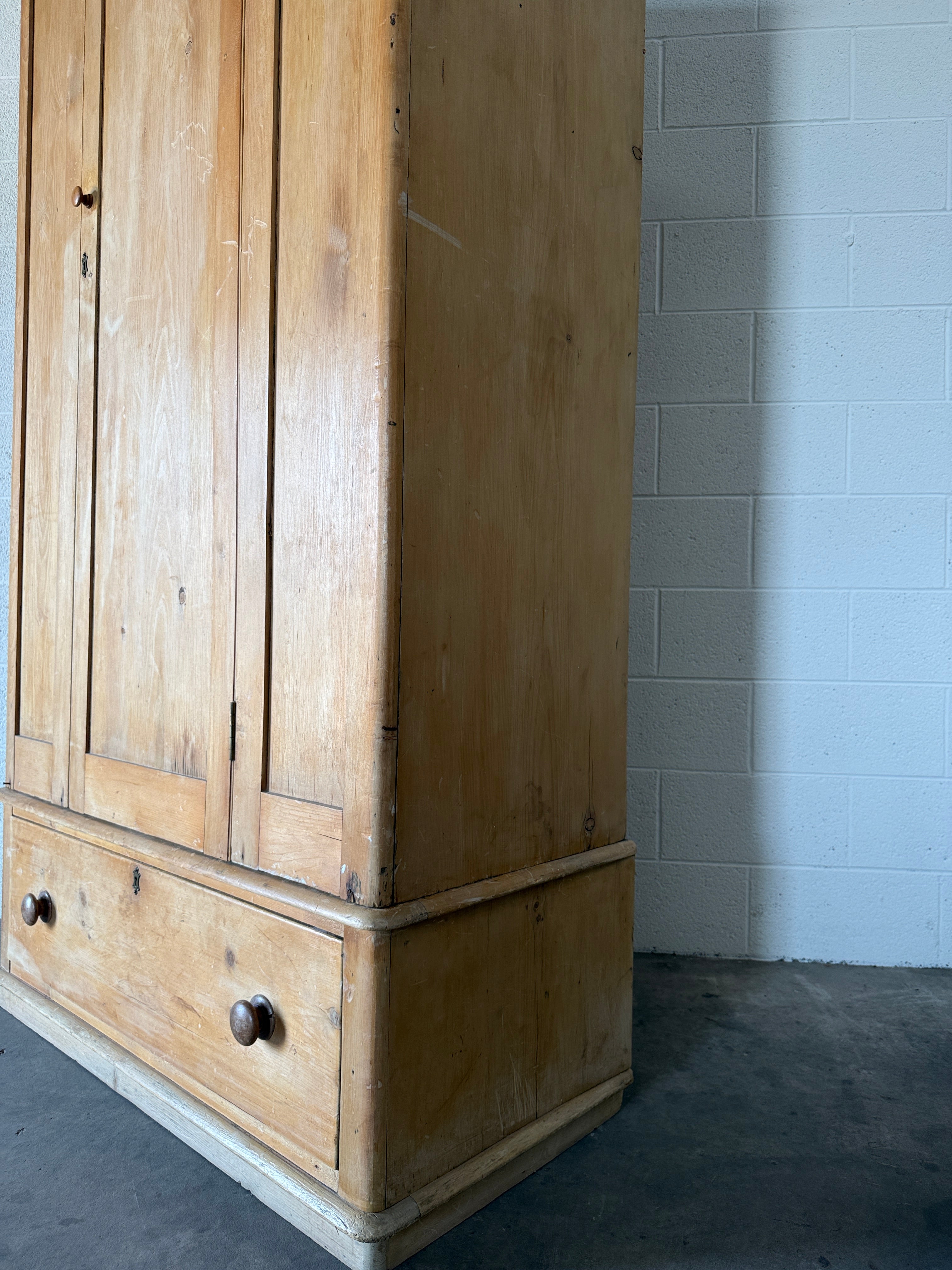English Antique Pine Wardrobe with Drawer