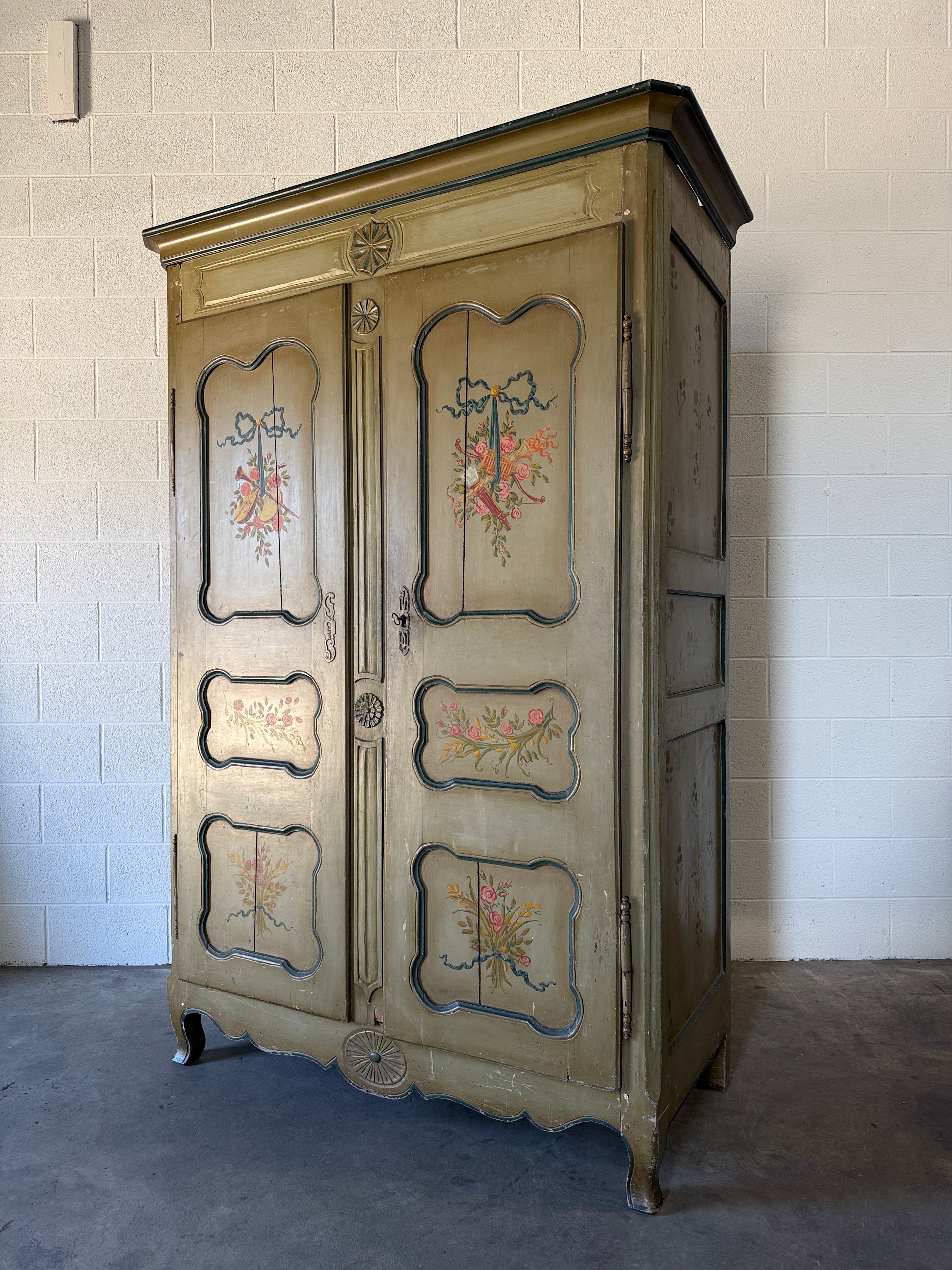 Antique French Provincial armoire with original painted decoration