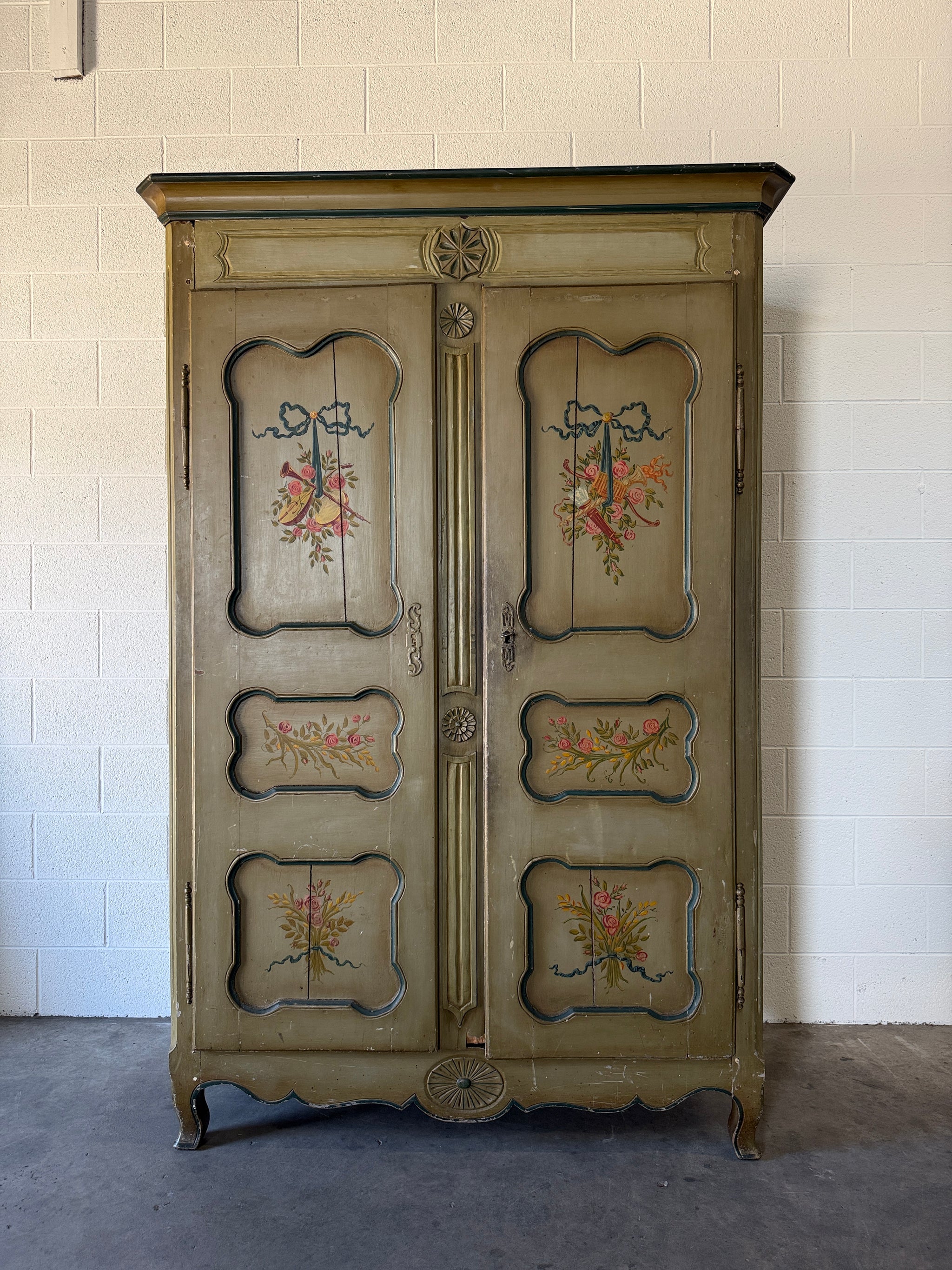 Antique French Provincial armoire with original painted decoration
