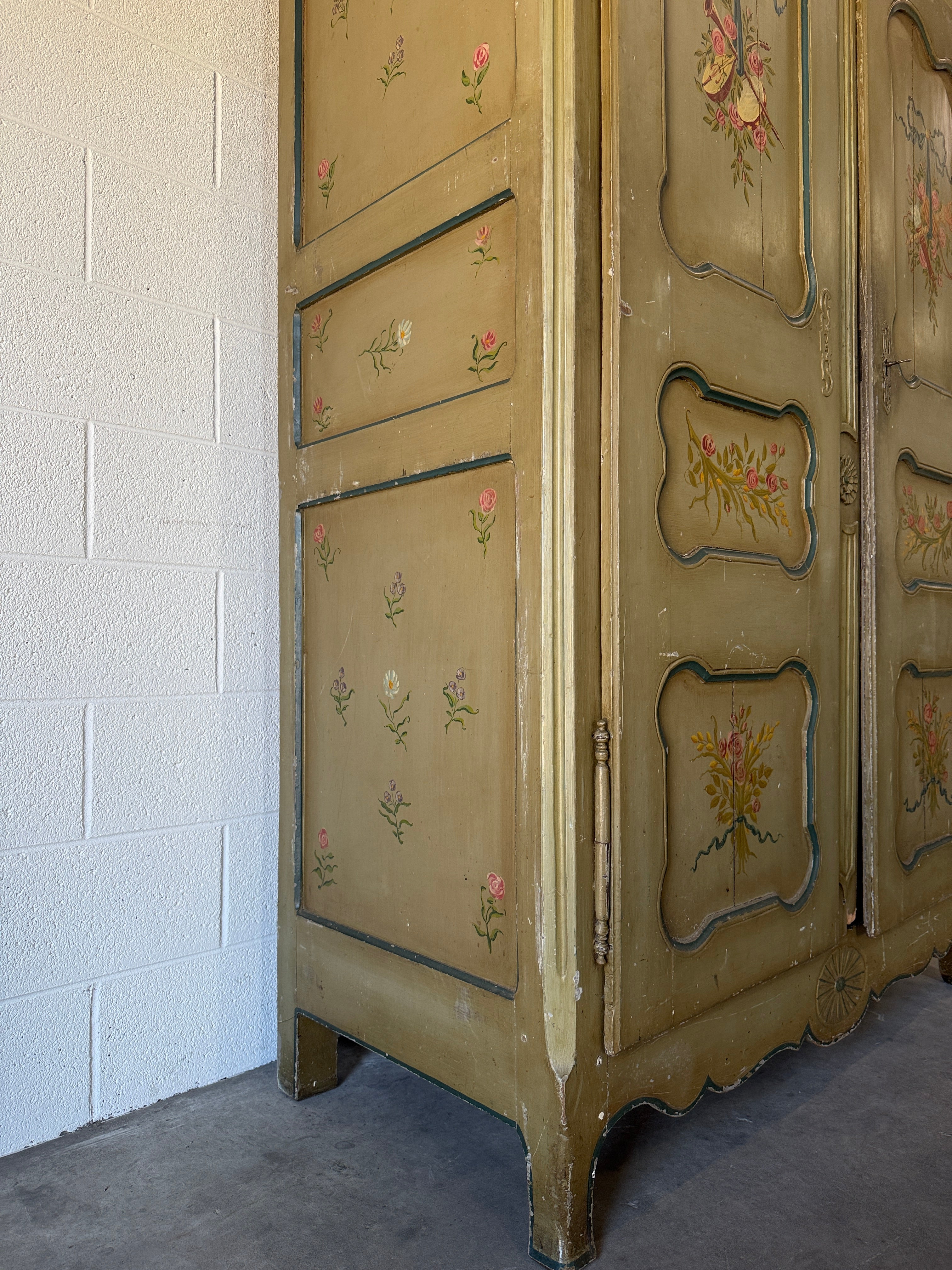 Antique French Provincial armoire with original painted decoration