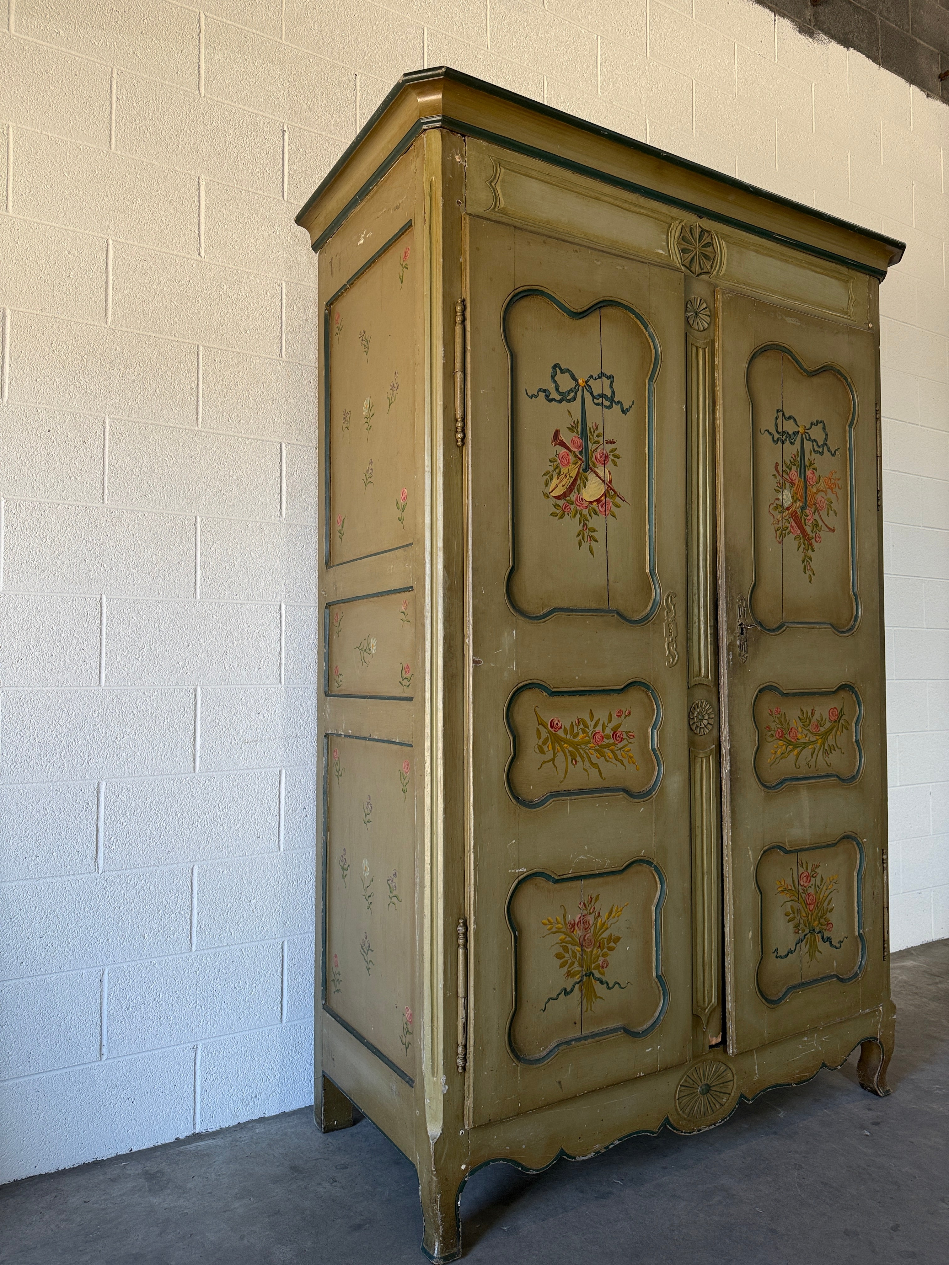 Antique French Provincial armoire with original painted decoration