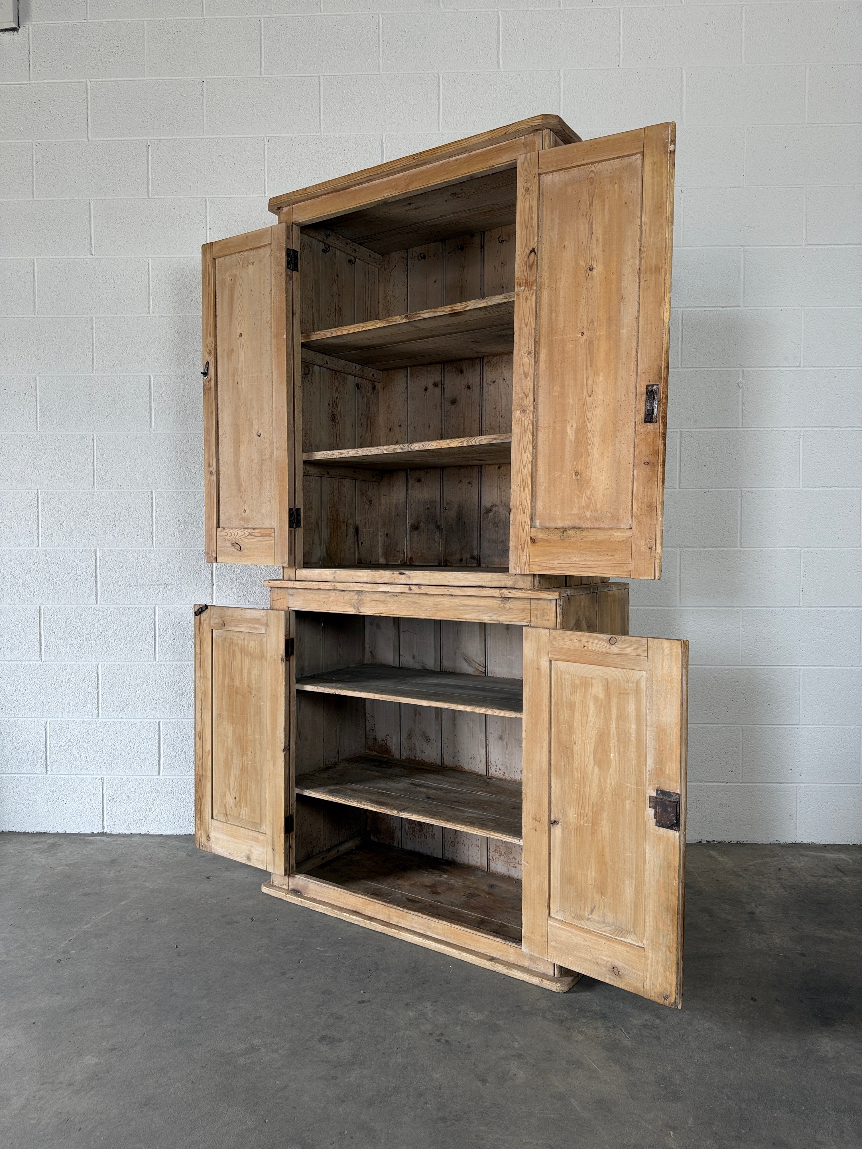 19th‑Century English two-part pine housekeeper’s cupboard