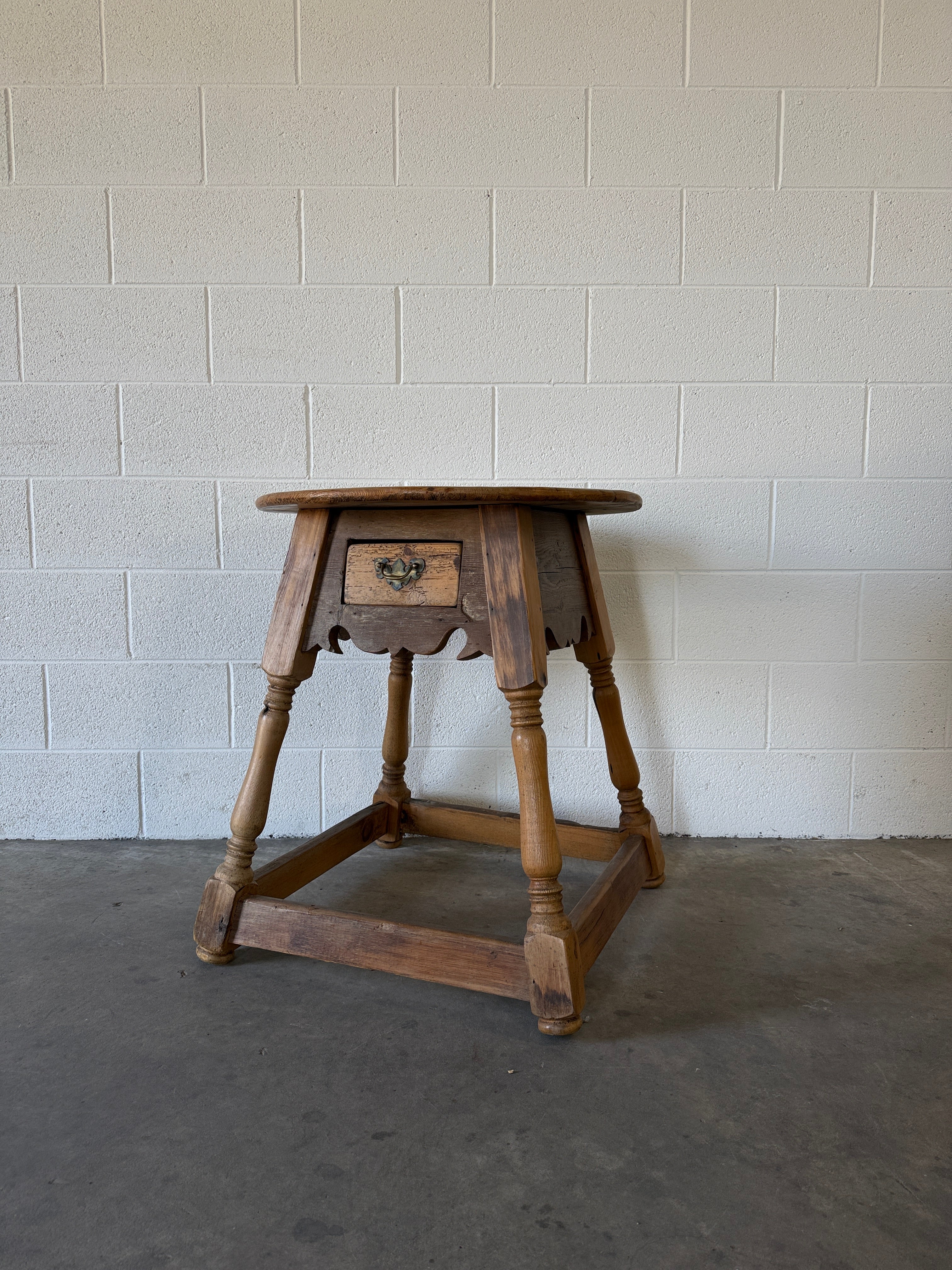 Antique European pine side table with drawer