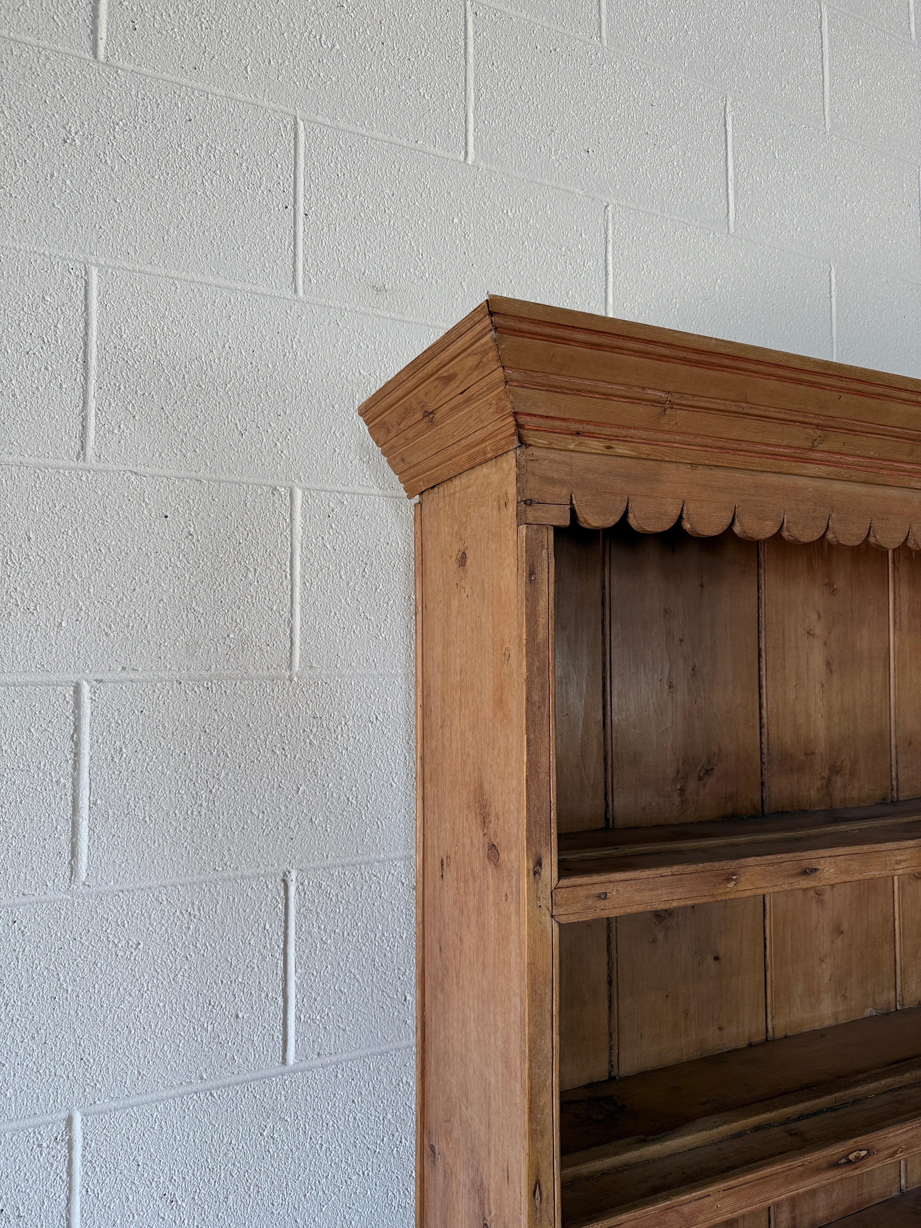 Antique Irish pine hutch with scalloped trim