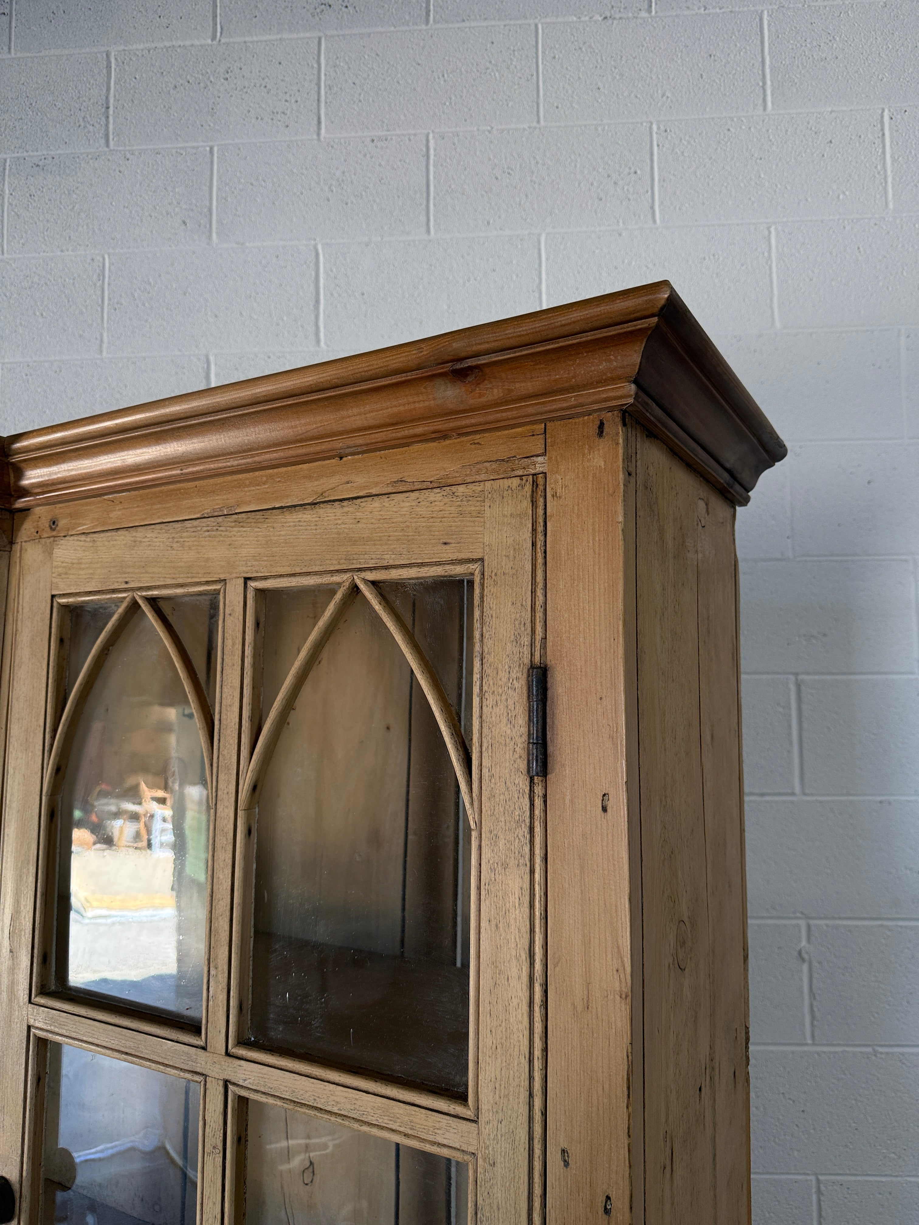 19th‑century English pine cupboard or display case with glass doors