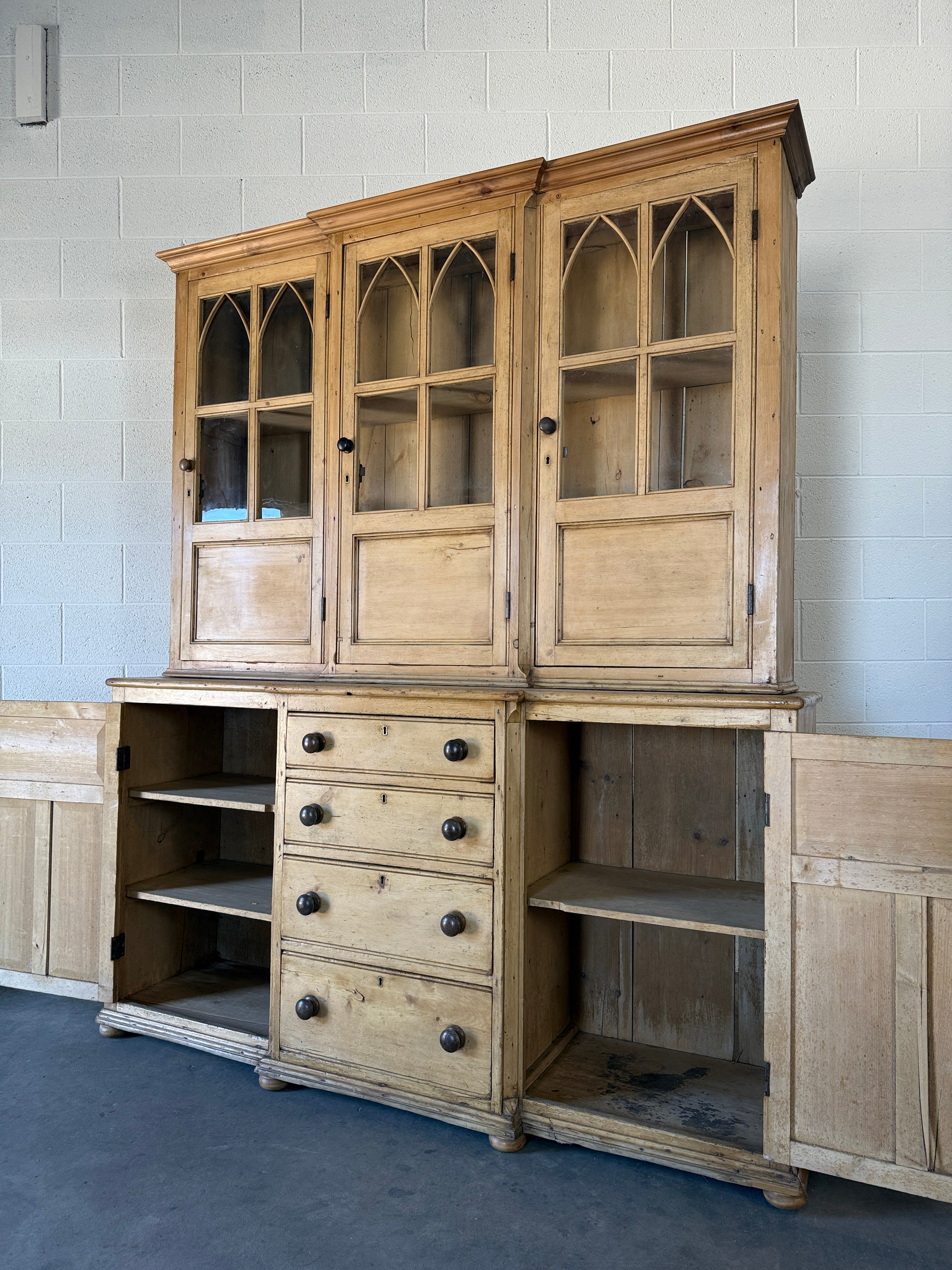 19th‑century English pine cupboard or display case with glass doors