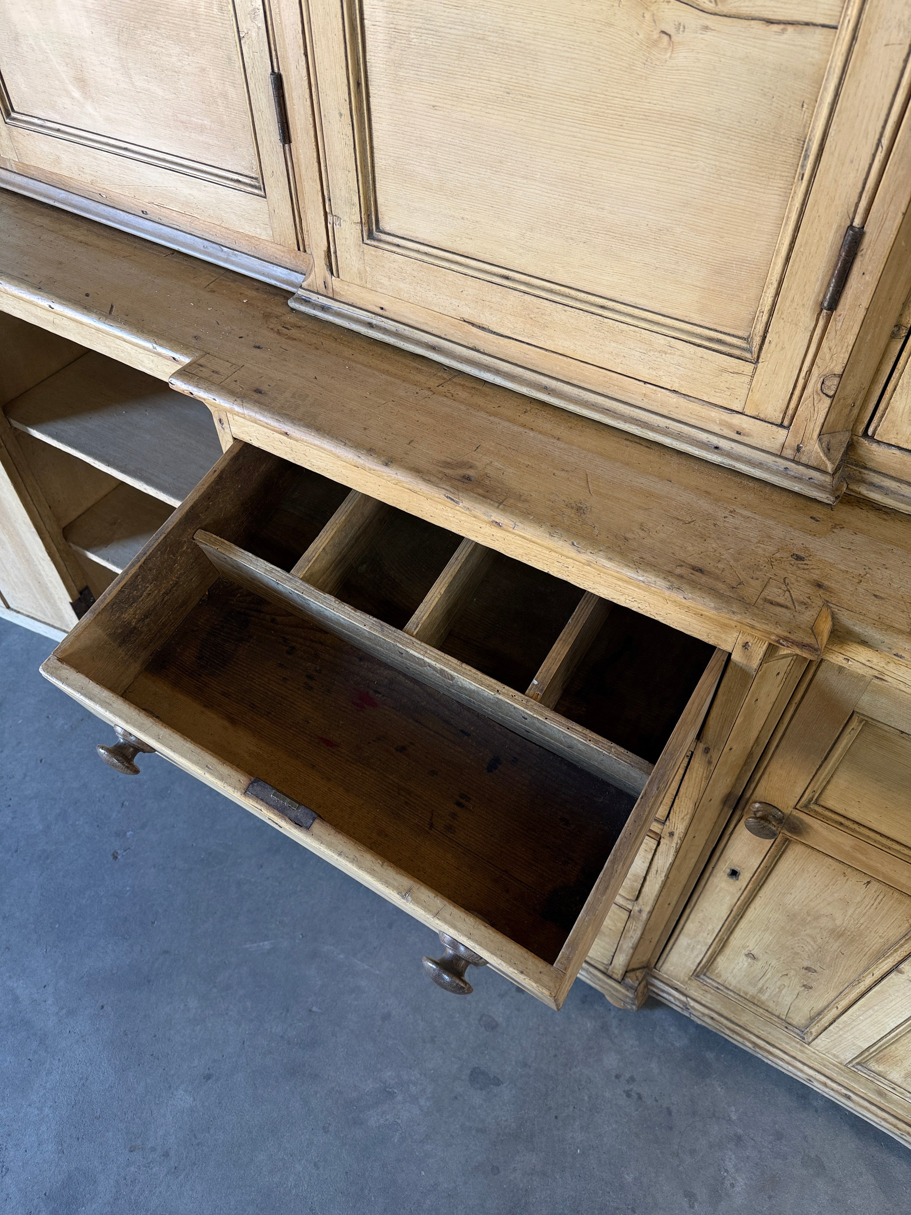 19th‑century English pine cupboard or display case with glass doors