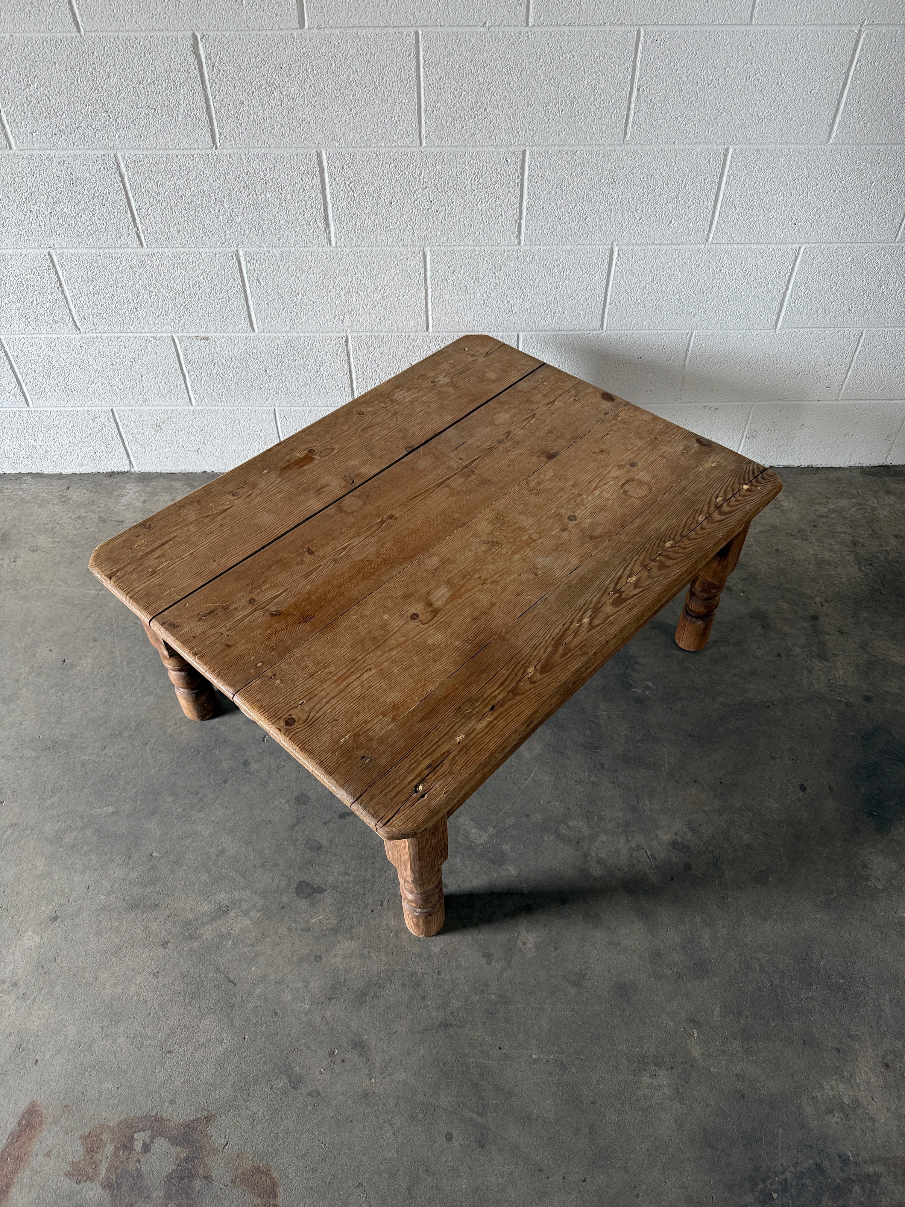 Petite antique pine coffee table with dummy drawer