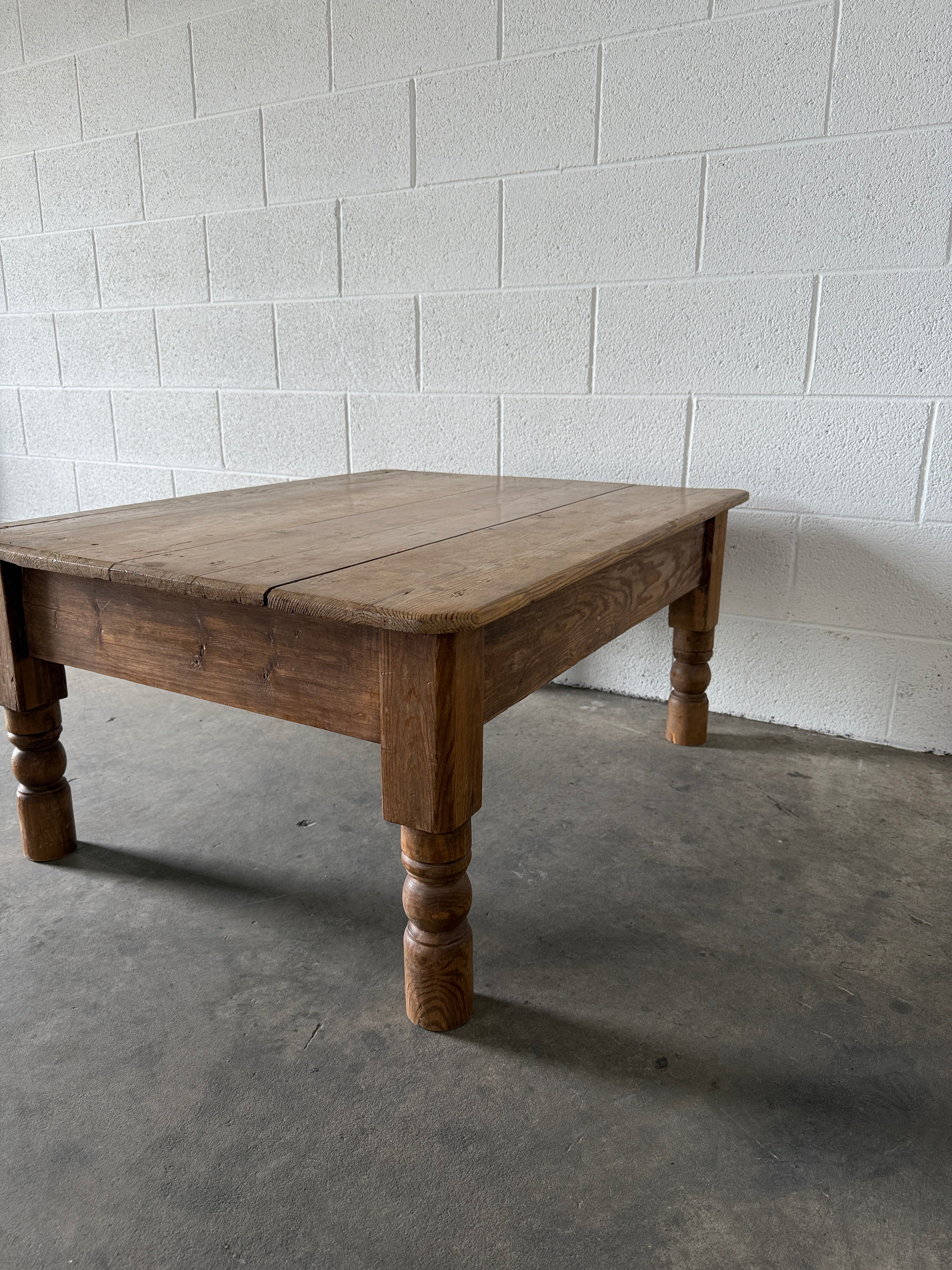 Petite antique pine coffee table with dummy drawer