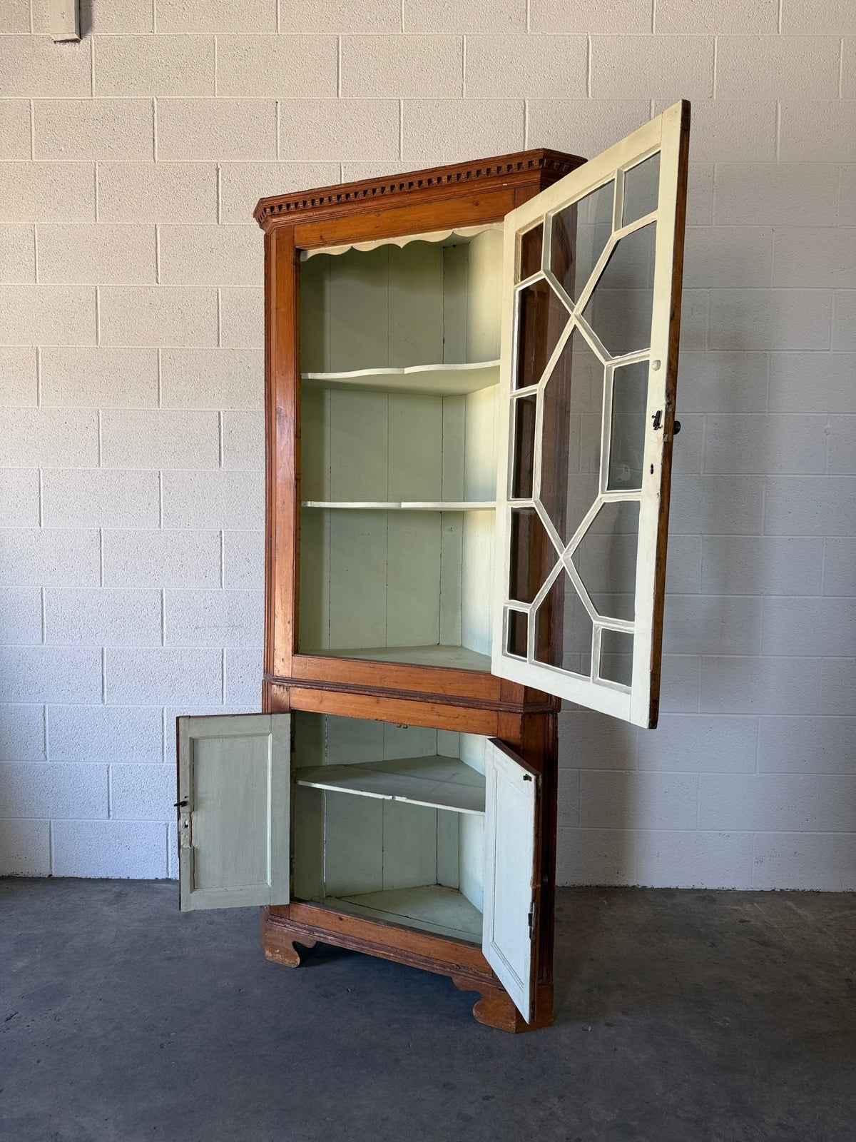 Antique English pine corner cabinet with glazed astragal door - House on Horizon