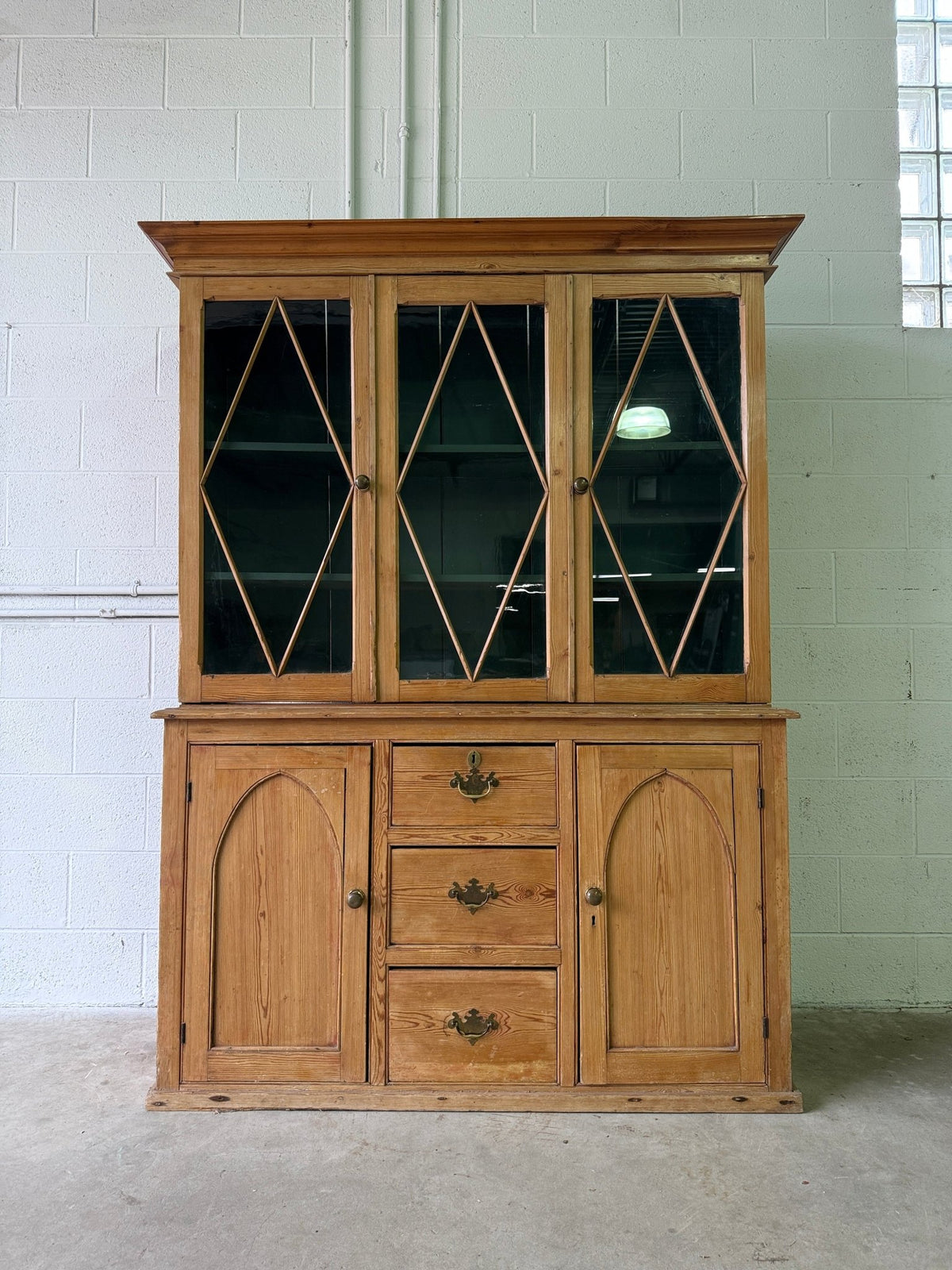 Antique English pine hutch with glass doors - House on Horizon