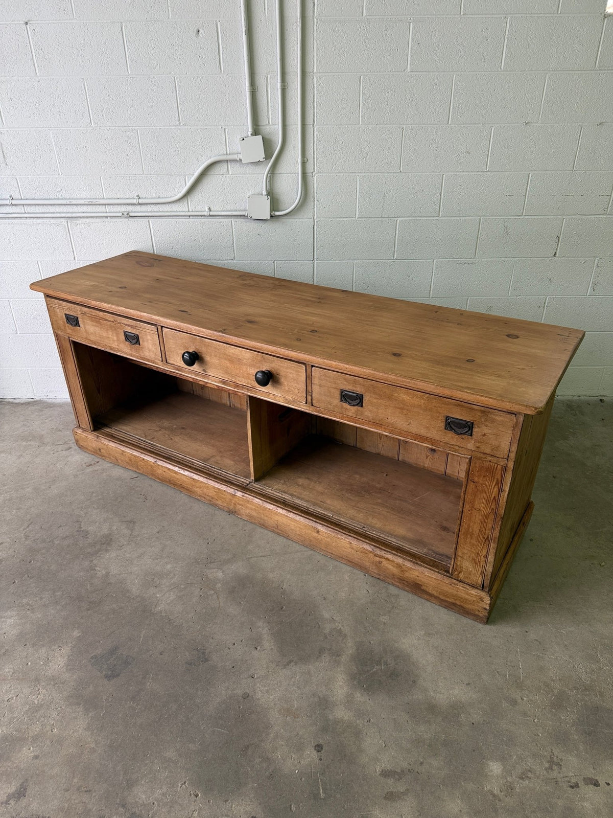 Antique English pine sideboard with open storage - House on Horizon