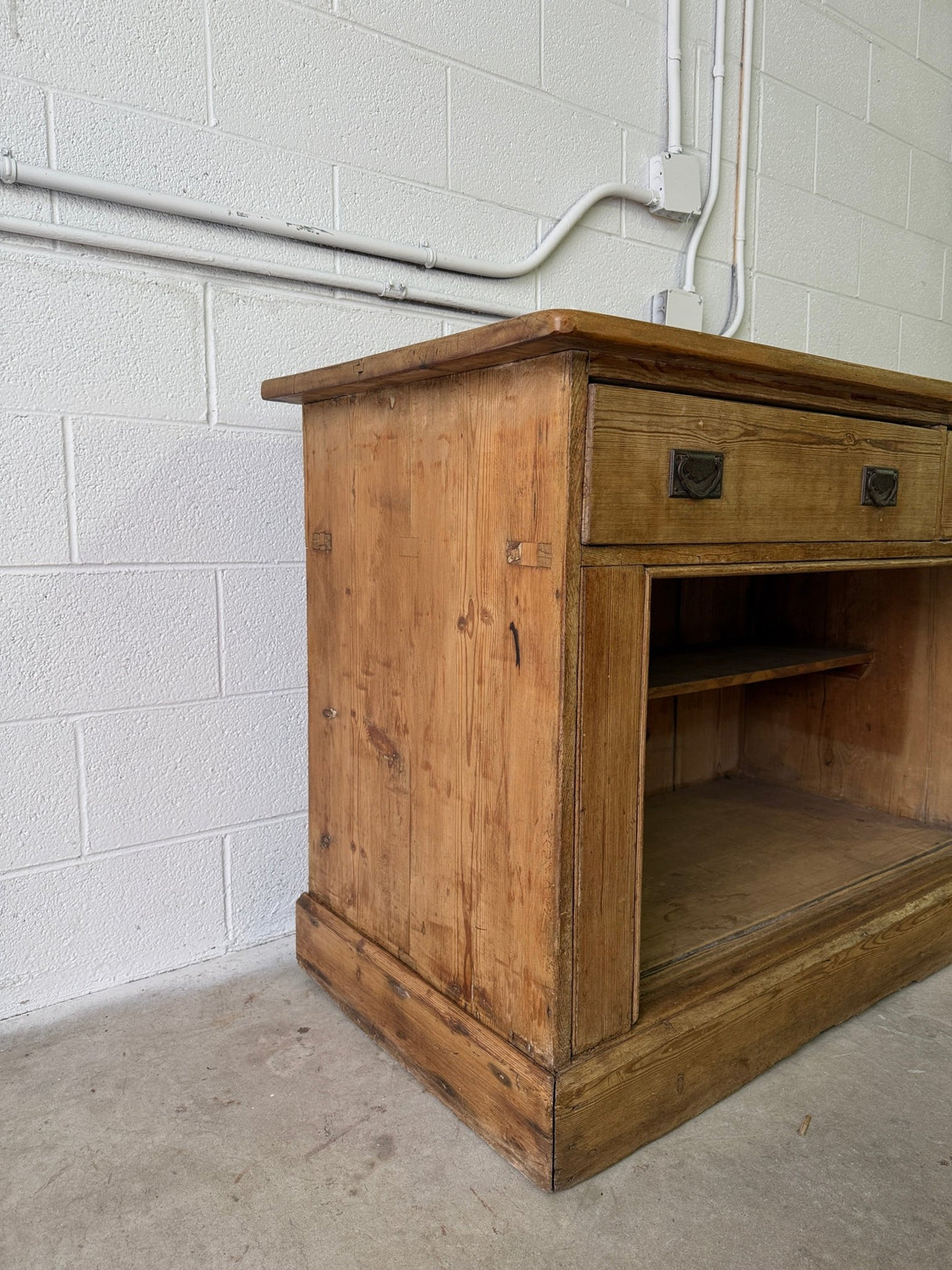 Antique English pine sideboard with open storage - House on Horizon