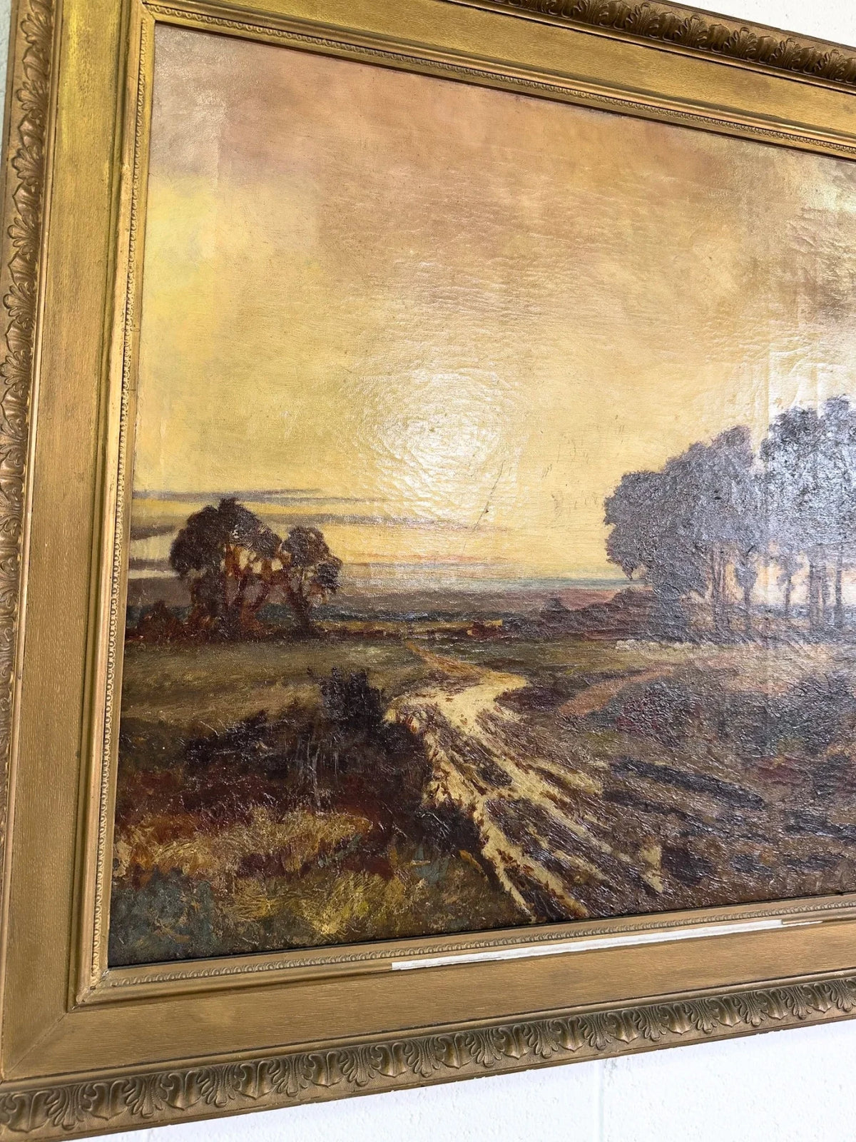 Antique Oil on Canvas Landscape Painting - House on Horizon