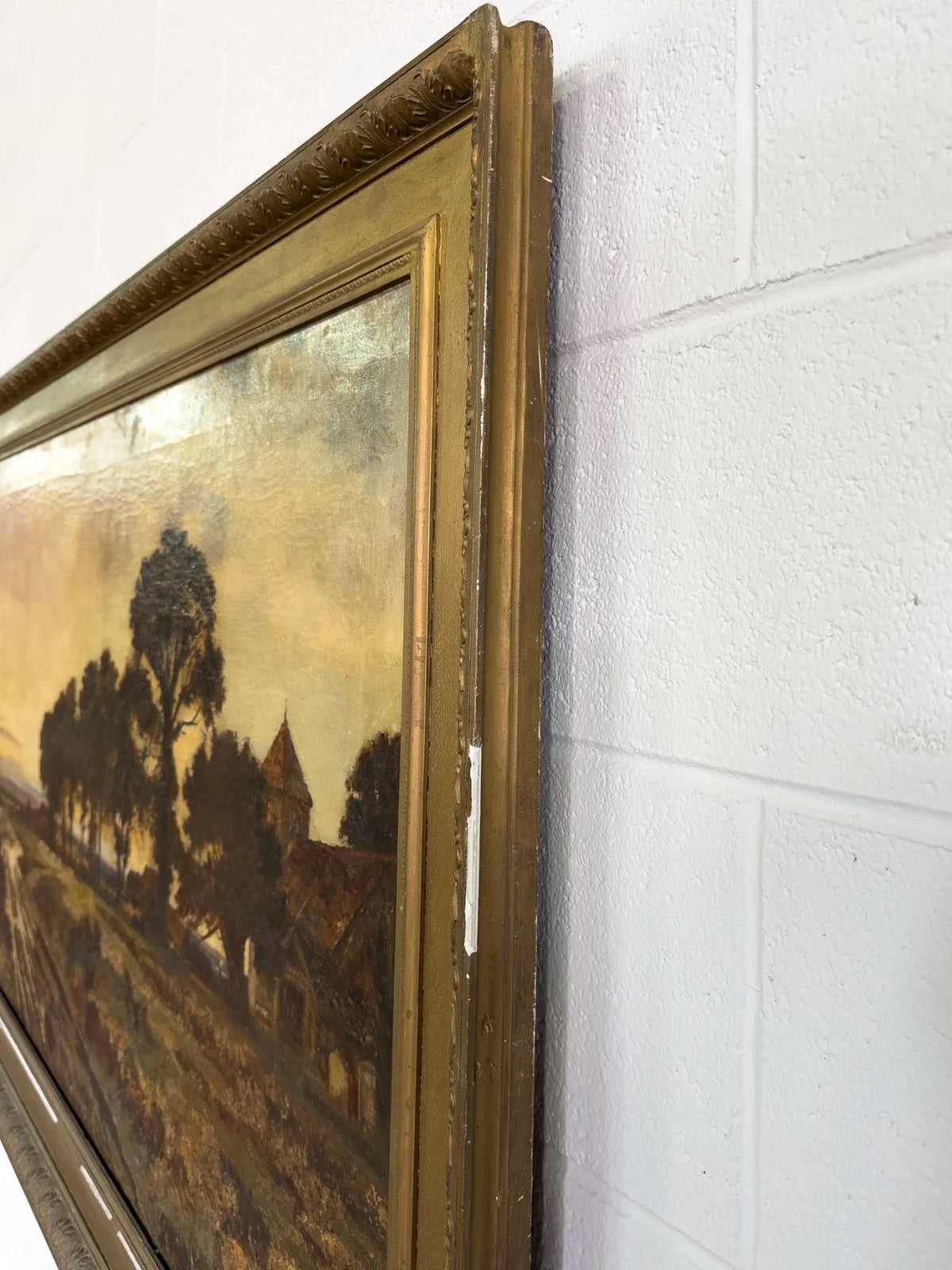 Antique Oil on Canvas Landscape Painting - House on Horizon