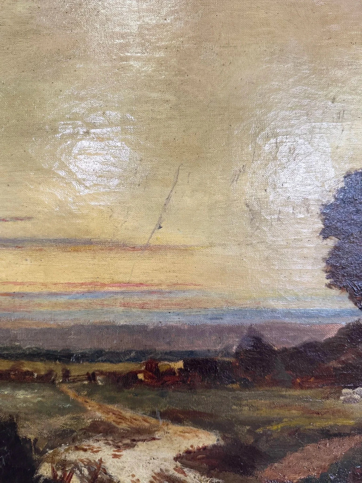Antique Oil on Canvas Landscape Painting - House on Horizon