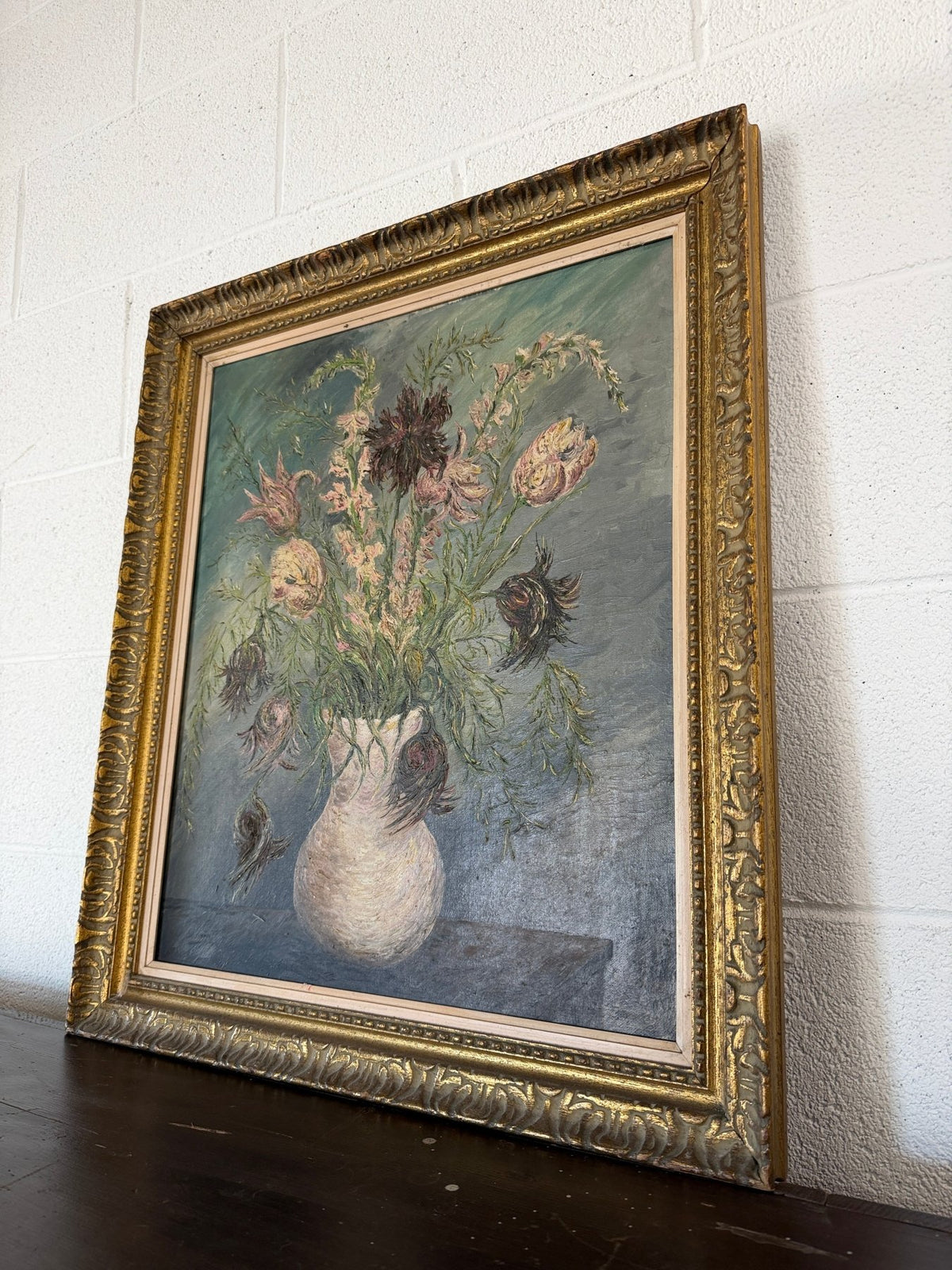 Antique oil painting of flowers - House on Horizon