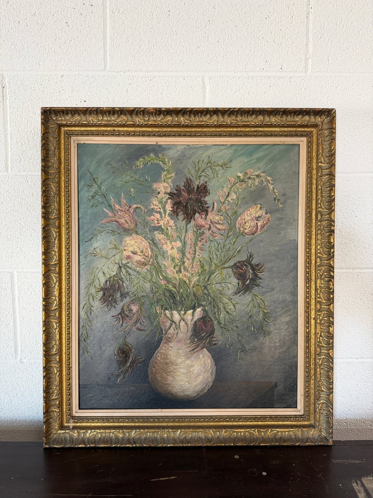 Antique oil painting of flowers - House on Horizon
