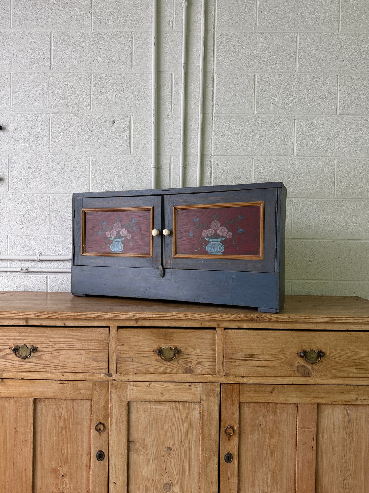 Antique pine folk painted small cupboard - House on Horizon