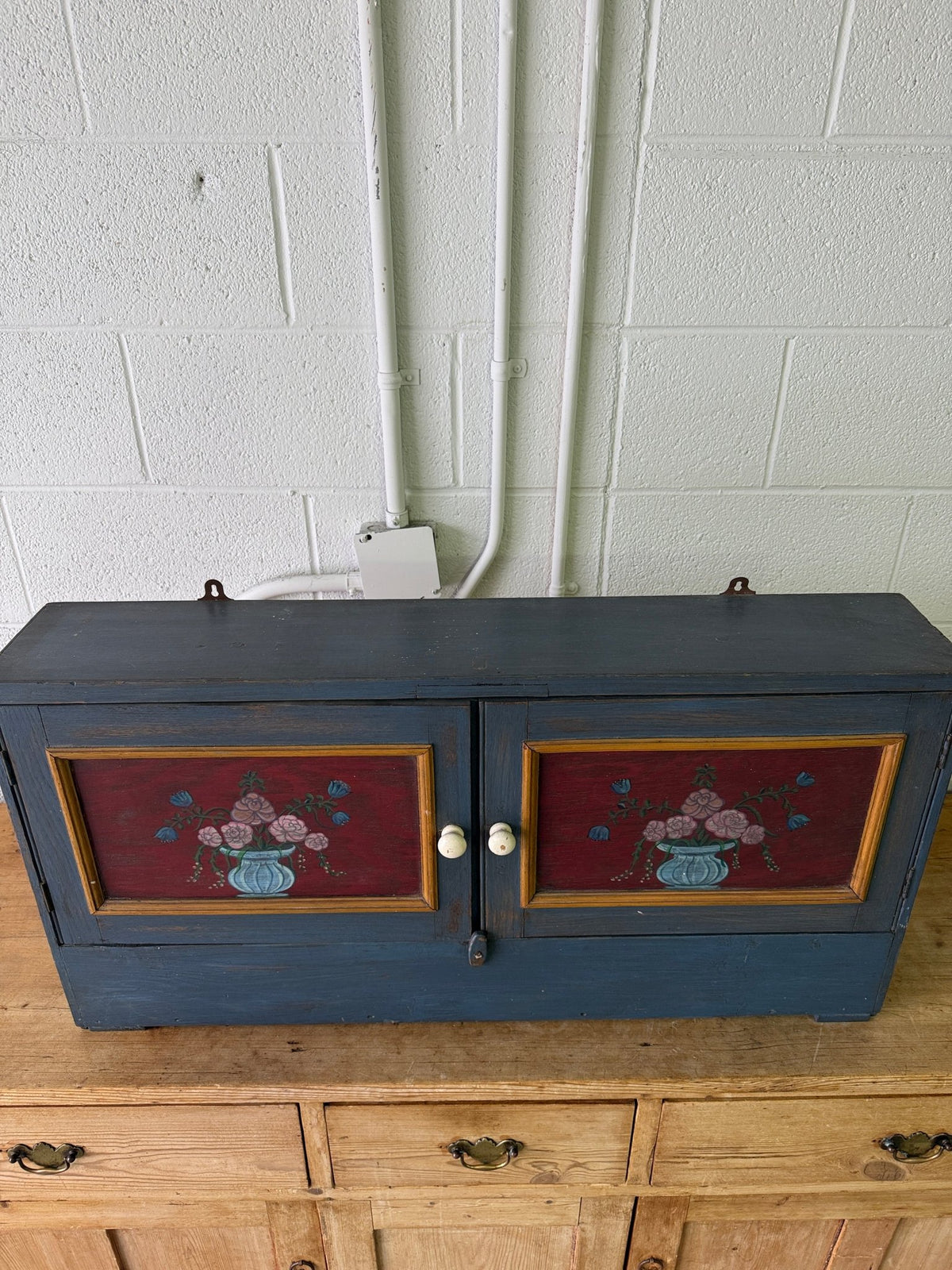 Antique pine folk painted small cupboard - House on Horizon