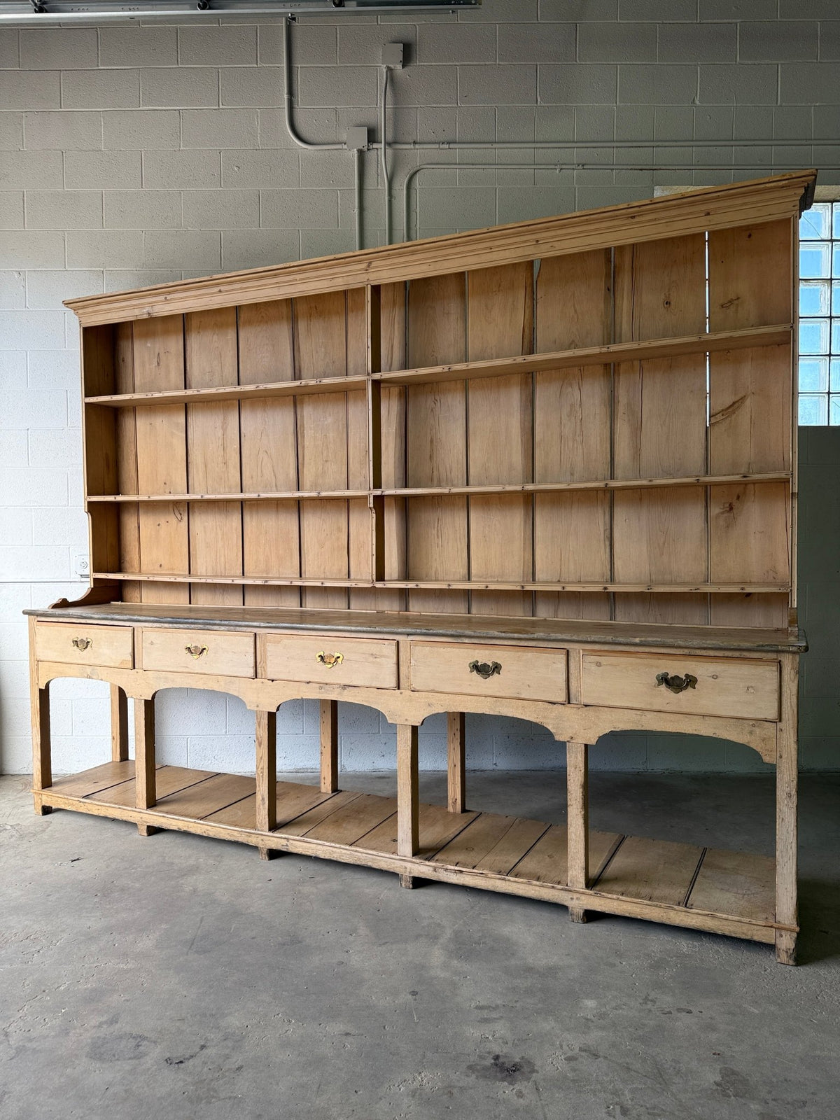 Antique Pine Potboard Kitchen Dresser Hutch – 10.7 ft English Country Cupboard with Drawers - House on Horizon