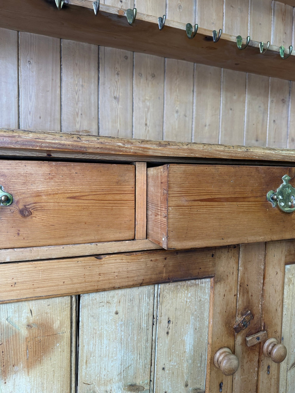 Antique pine waterfall kitchen dresser with hooks - House on Horizon