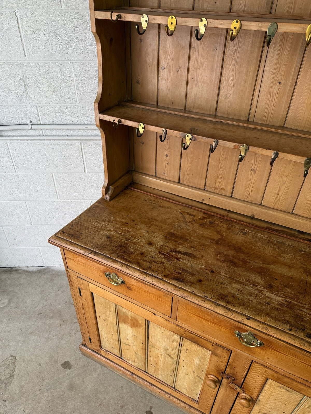 Antique pine waterfall kitchen dresser with hooks - House on Horizon
