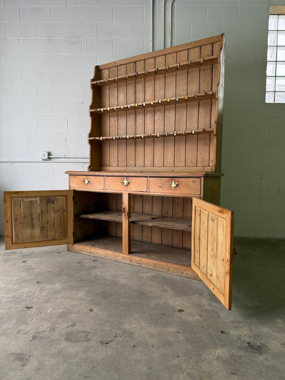 Antique pine waterfall kitchen dresser with hooks - House on Horizon