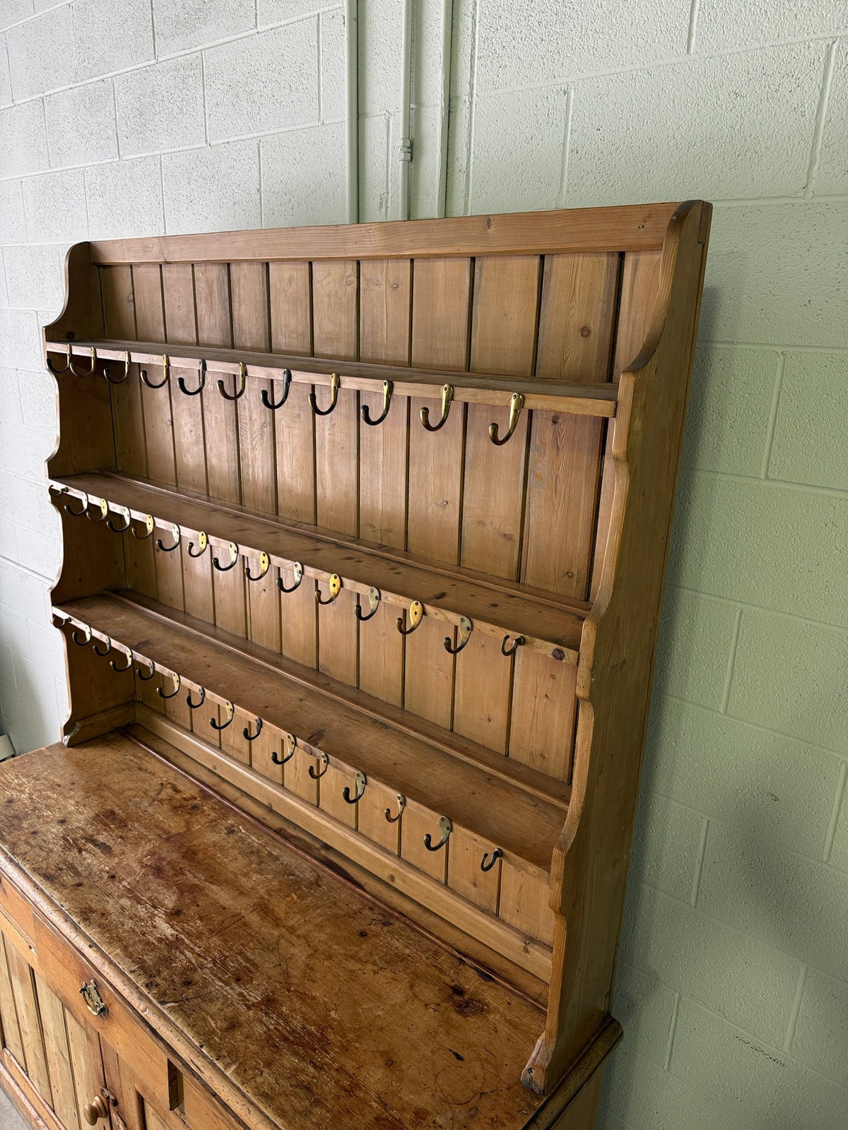 Antique pine waterfall kitchen dresser with hooks - House on Horizon