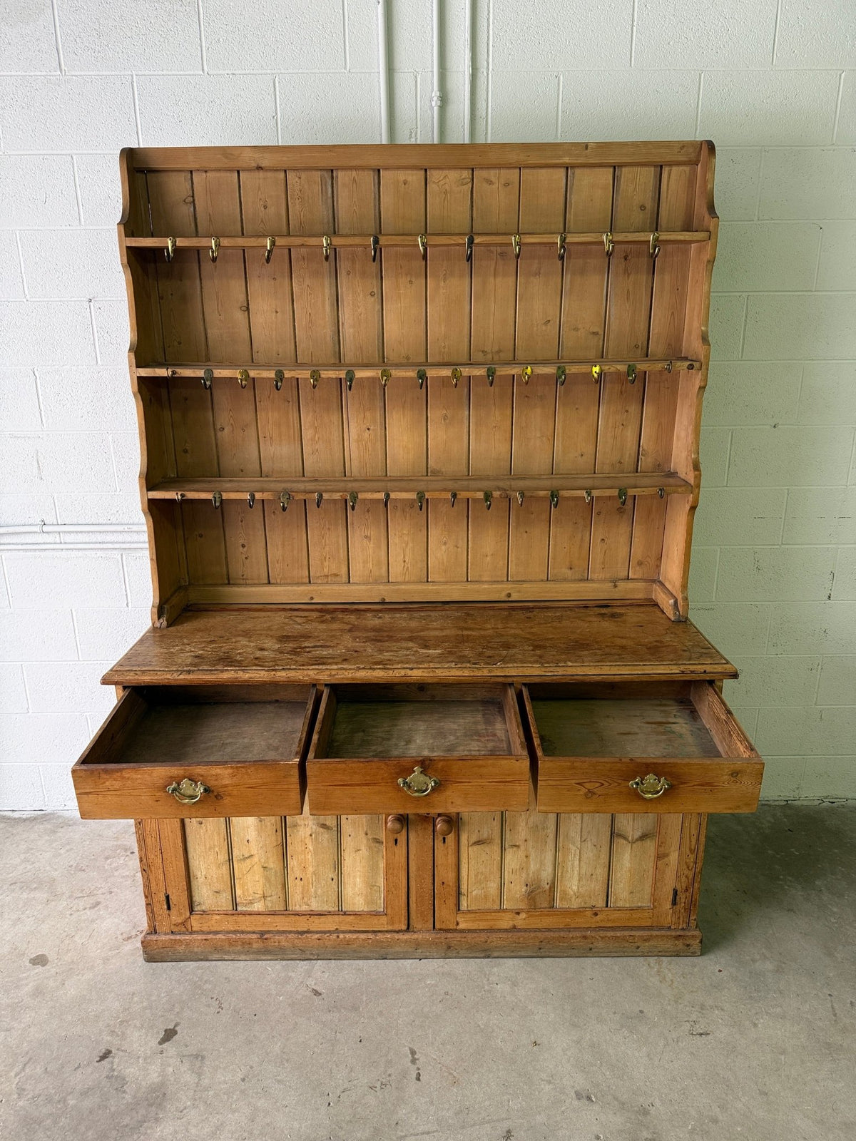Antique pine waterfall kitchen dresser with hooks - House on Horizon