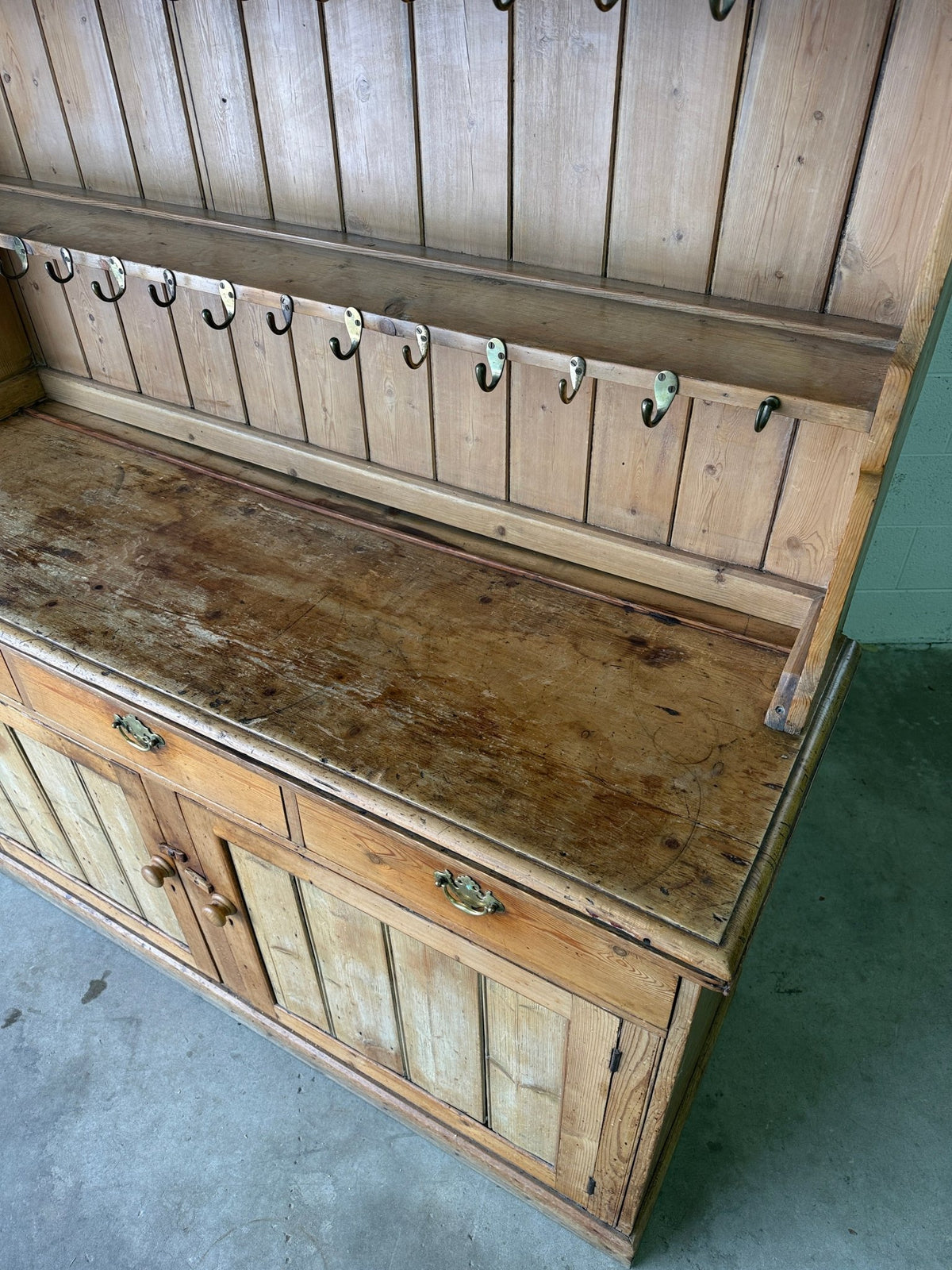 Antique pine waterfall kitchen dresser with hooks - House on Horizon