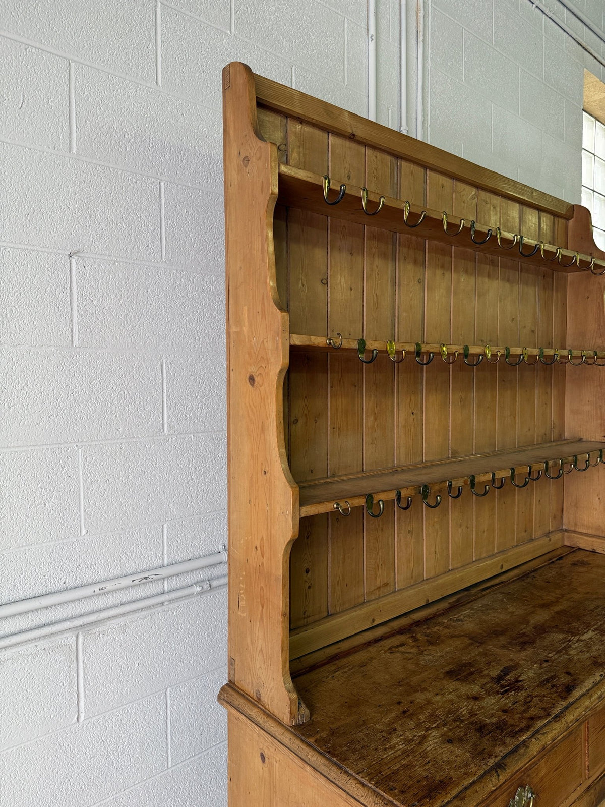 Antique pine waterfall kitchen dresser with hooks - House on Horizon